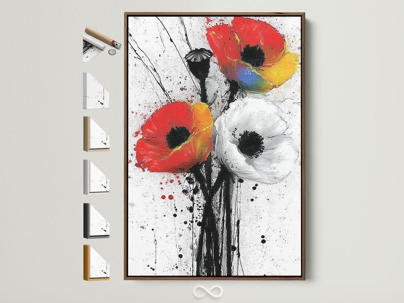 Stylised red poppy flower with black stems on a white speckled background