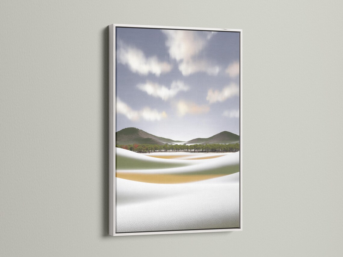 Neutral meadow landscape with rolling green hills, trees, and a misty cloud sky detail view