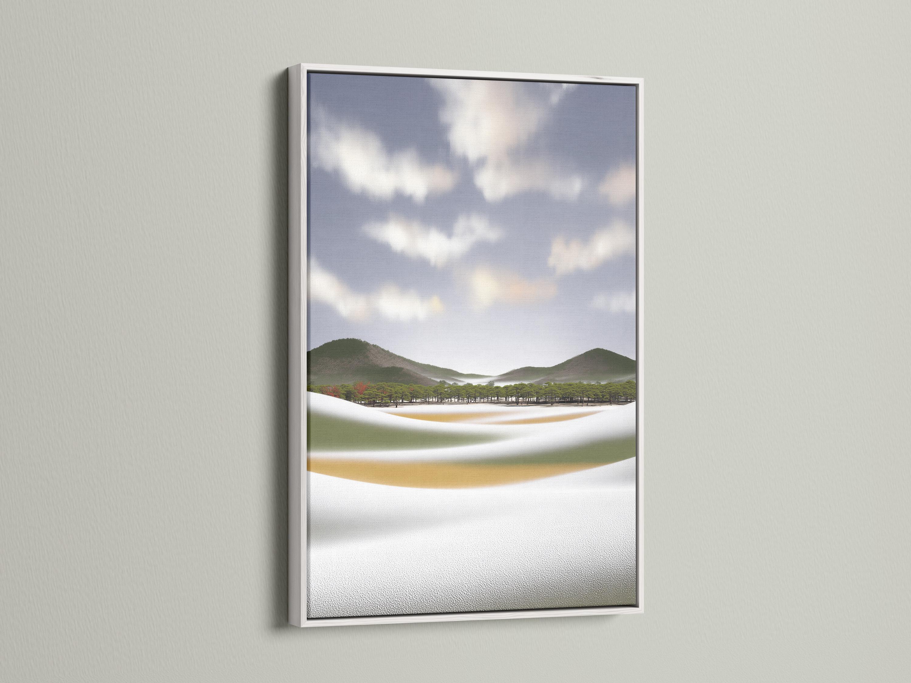 Neutral meadow landscape with rolling green hills, trees, and a misty cloud sky detail view