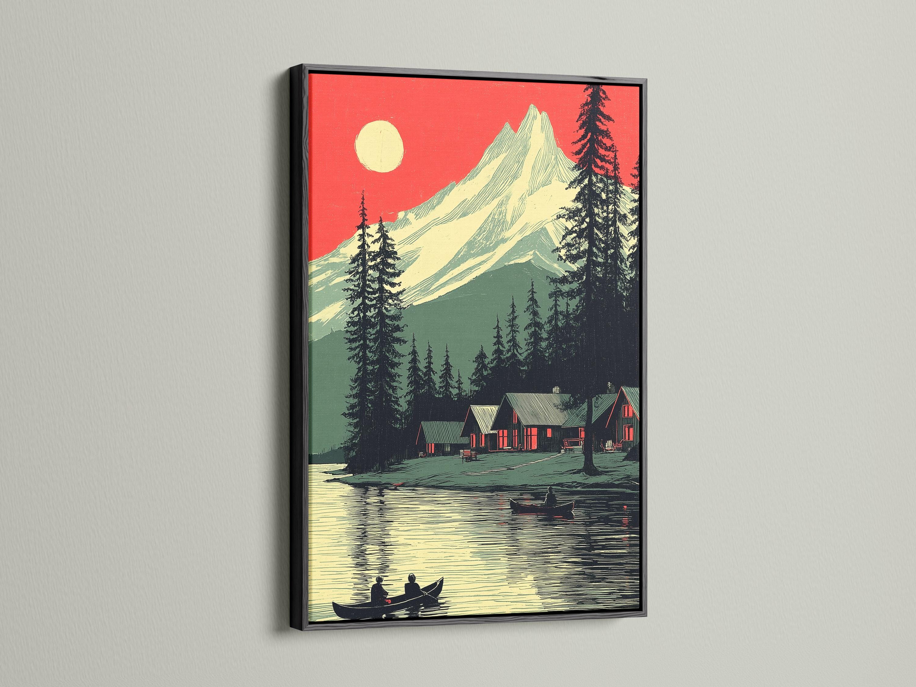 Retro mountain lake landscape with red sky, pine trees, cabins and boats on reflective water detail view