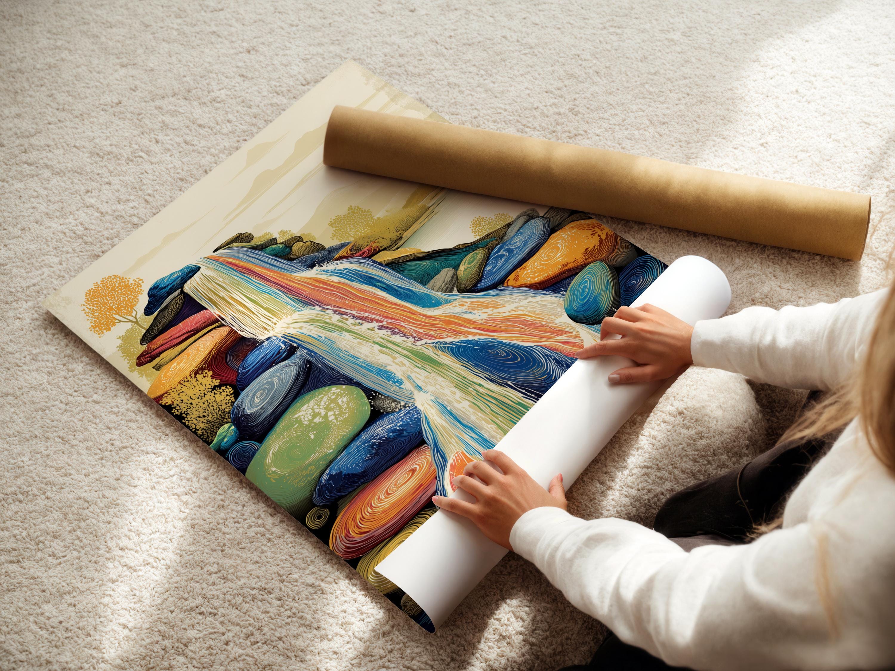 Room mockup showing a framed waterfall artwork with blue and gold colours