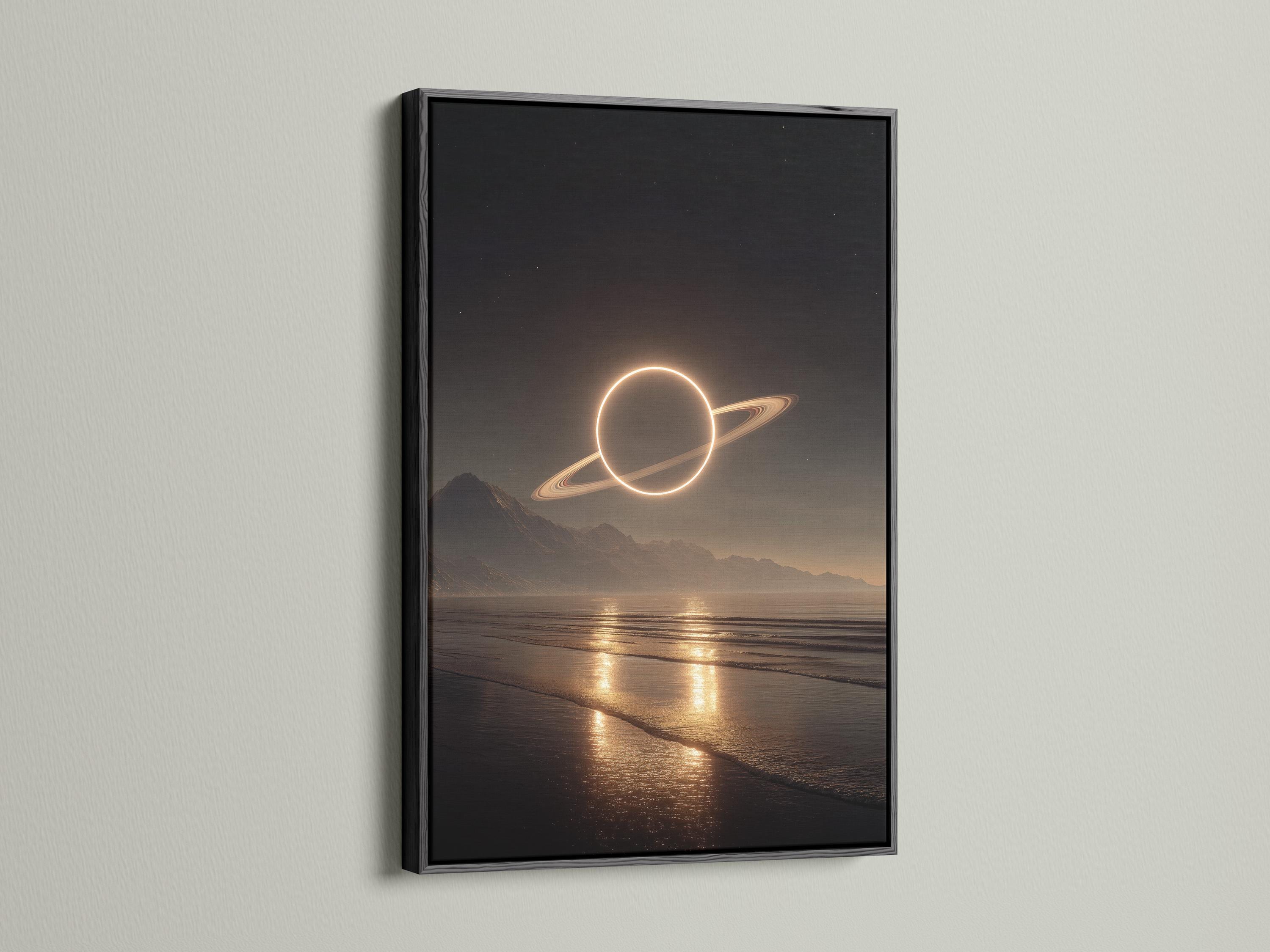 A glowing Saturn-like planet and luminous ring hover above a moonlit beach landscape with dark mountains and a shimmering shoreline detail view