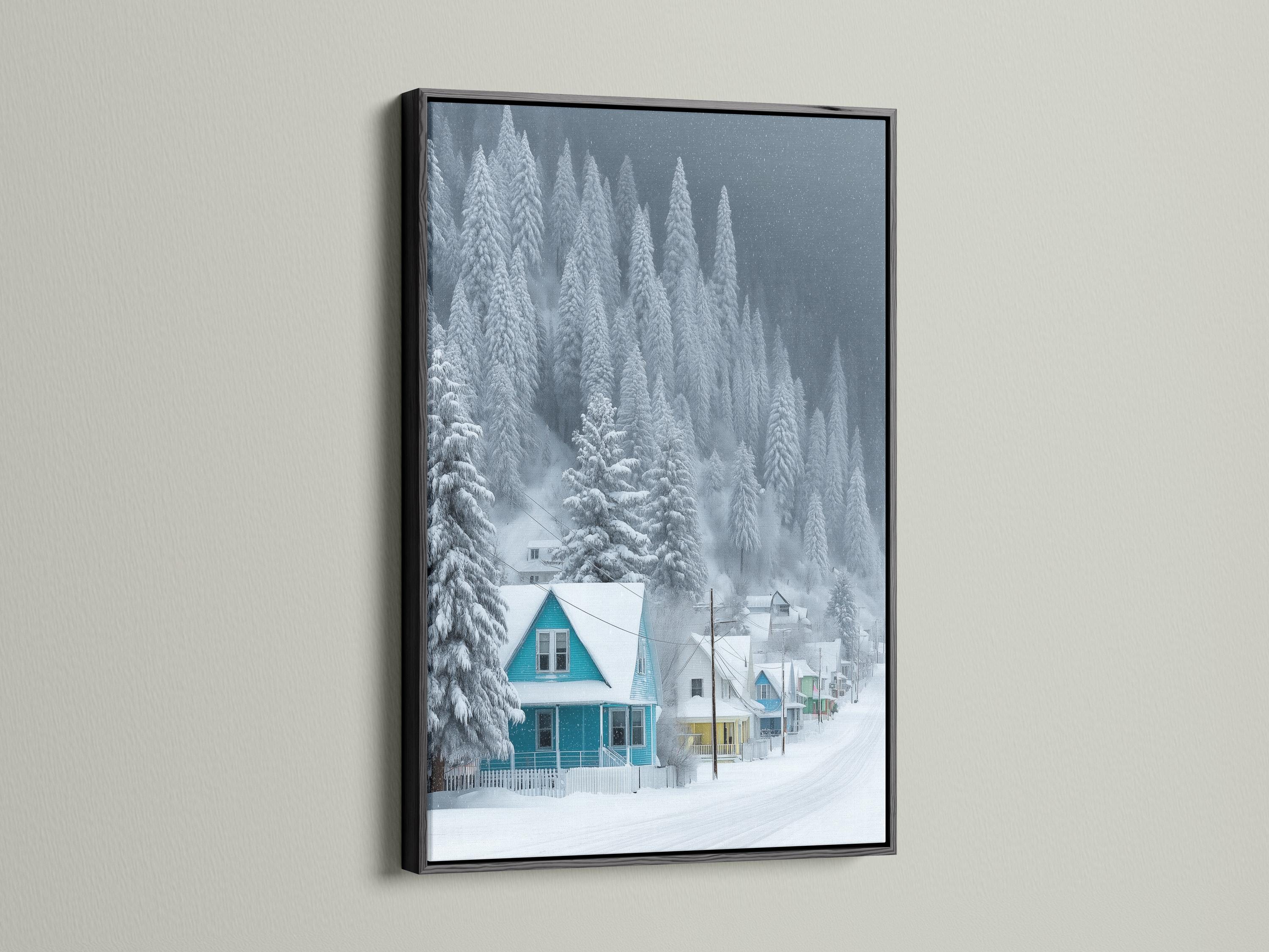 Snowy winter village with pine trees and teal-roof houses in falling snow detail view