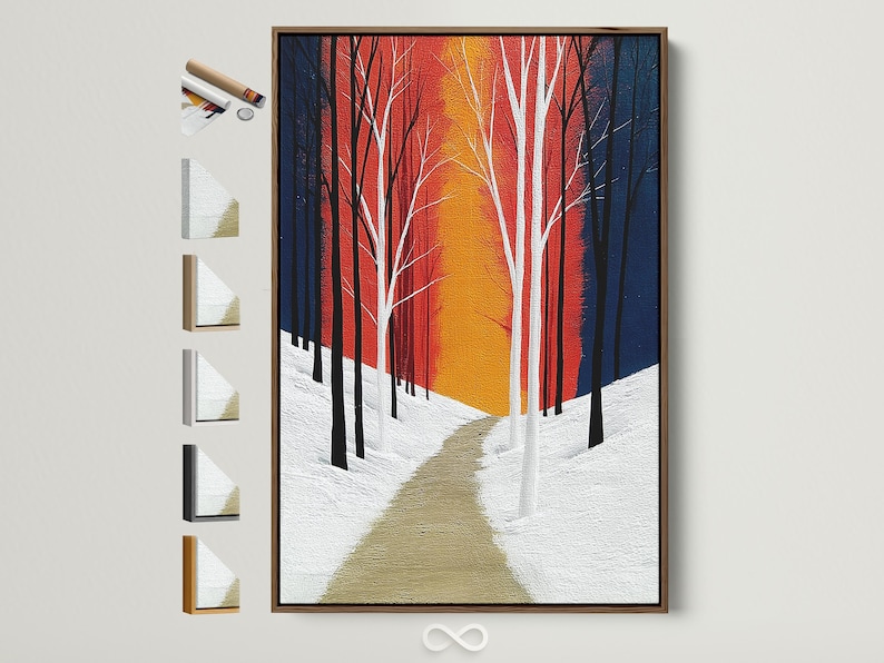 Winter forest artwork with tall leafless trees, a snowy path, and red blue gold sunset colours