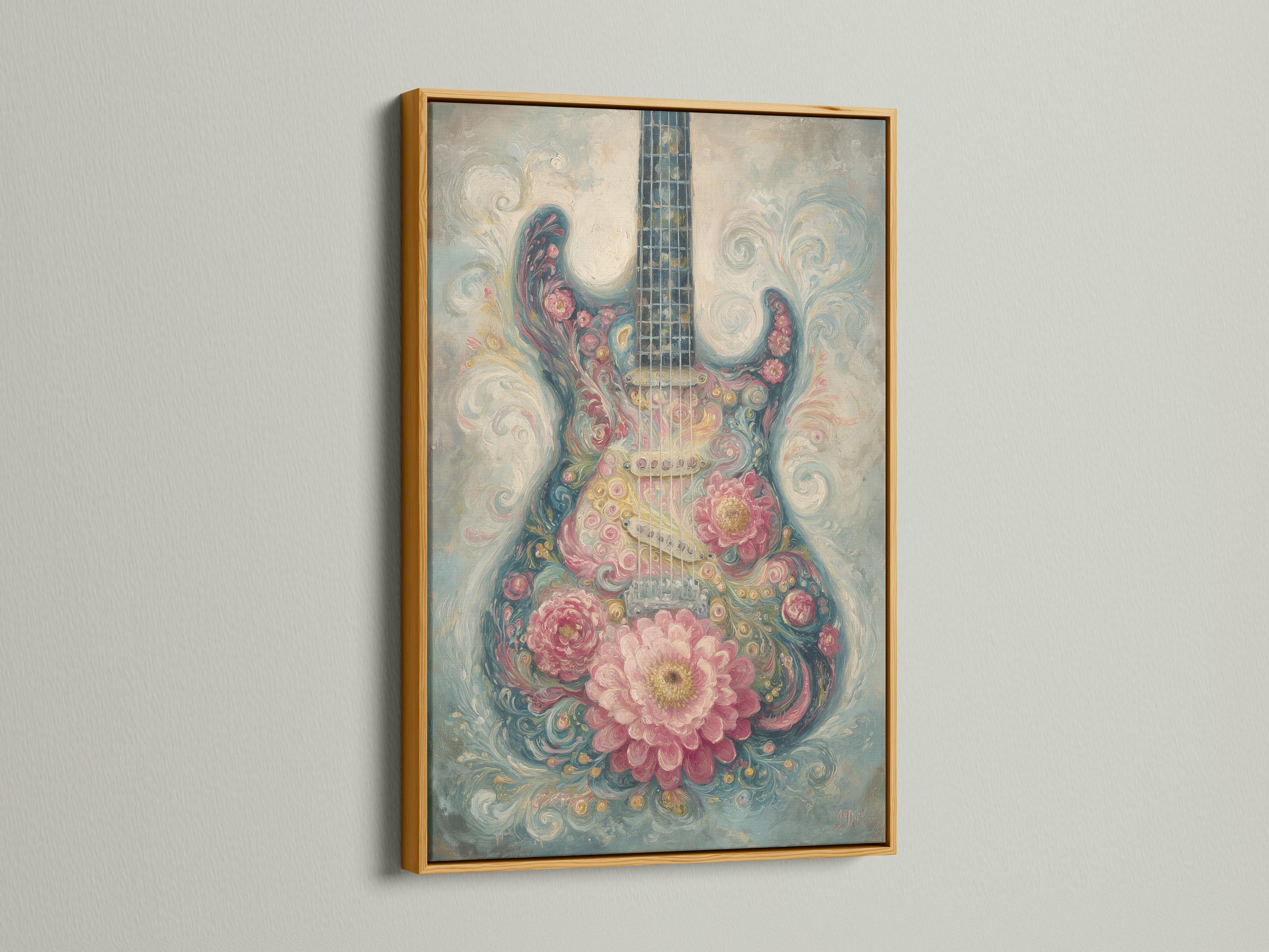 Stylised floral guitar artwork with dusty pink blossoms and teal-blue swirls detail view
