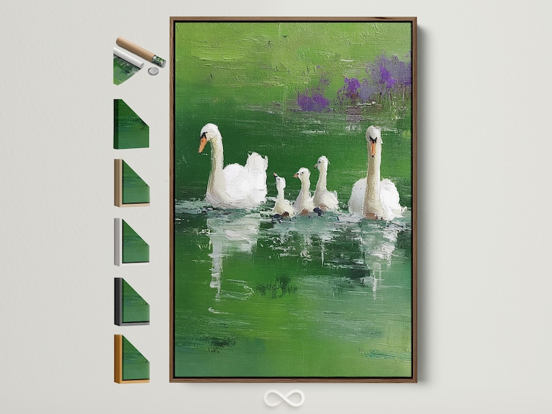 Textured green lake painting showing a family of white swans and cygnets on rippling water