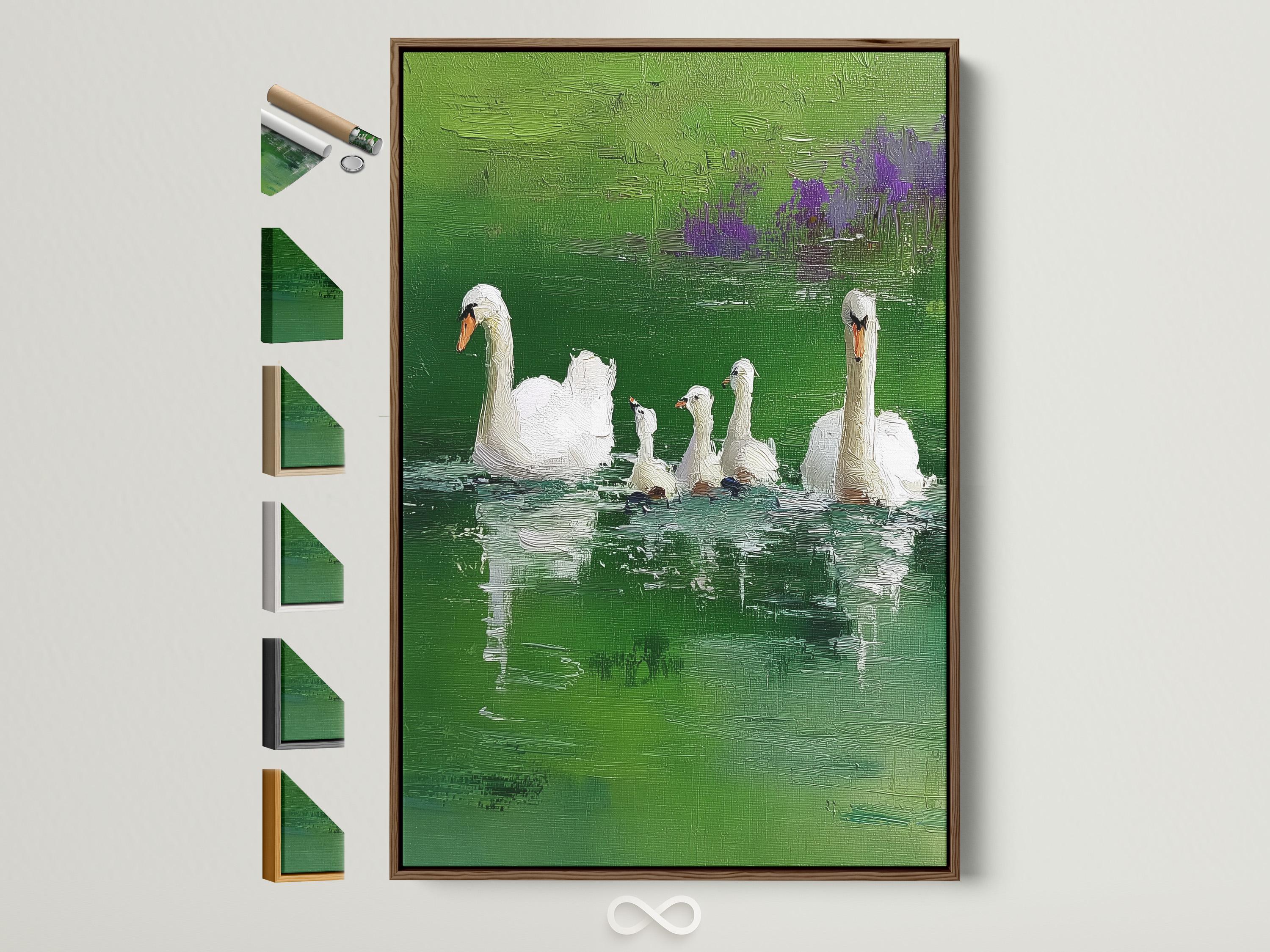 Textured green lake painting showing a family of white swans and cygnets on rippling water