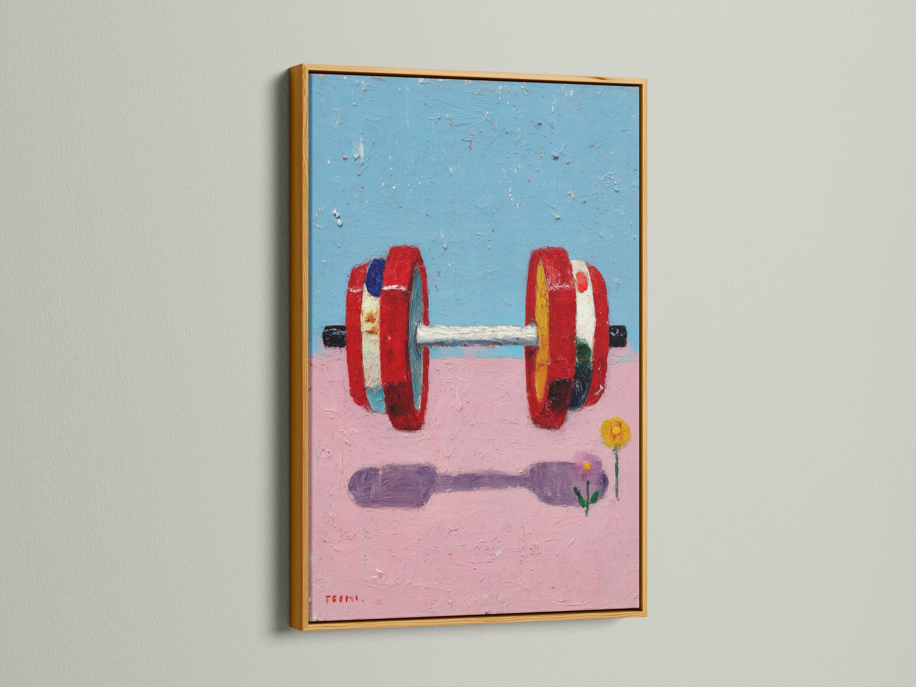 A framed abstract painting shows a brightly coloured weight barbell on a blue-and-pink background with small scattered speckles and a minimal flower