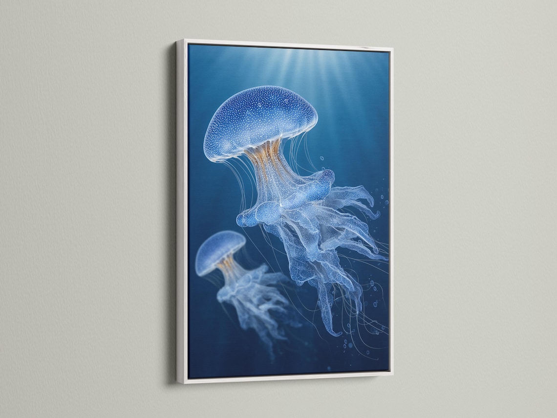 Wall mockup showing a blue jellyfish artwork in a framed display on a light wall