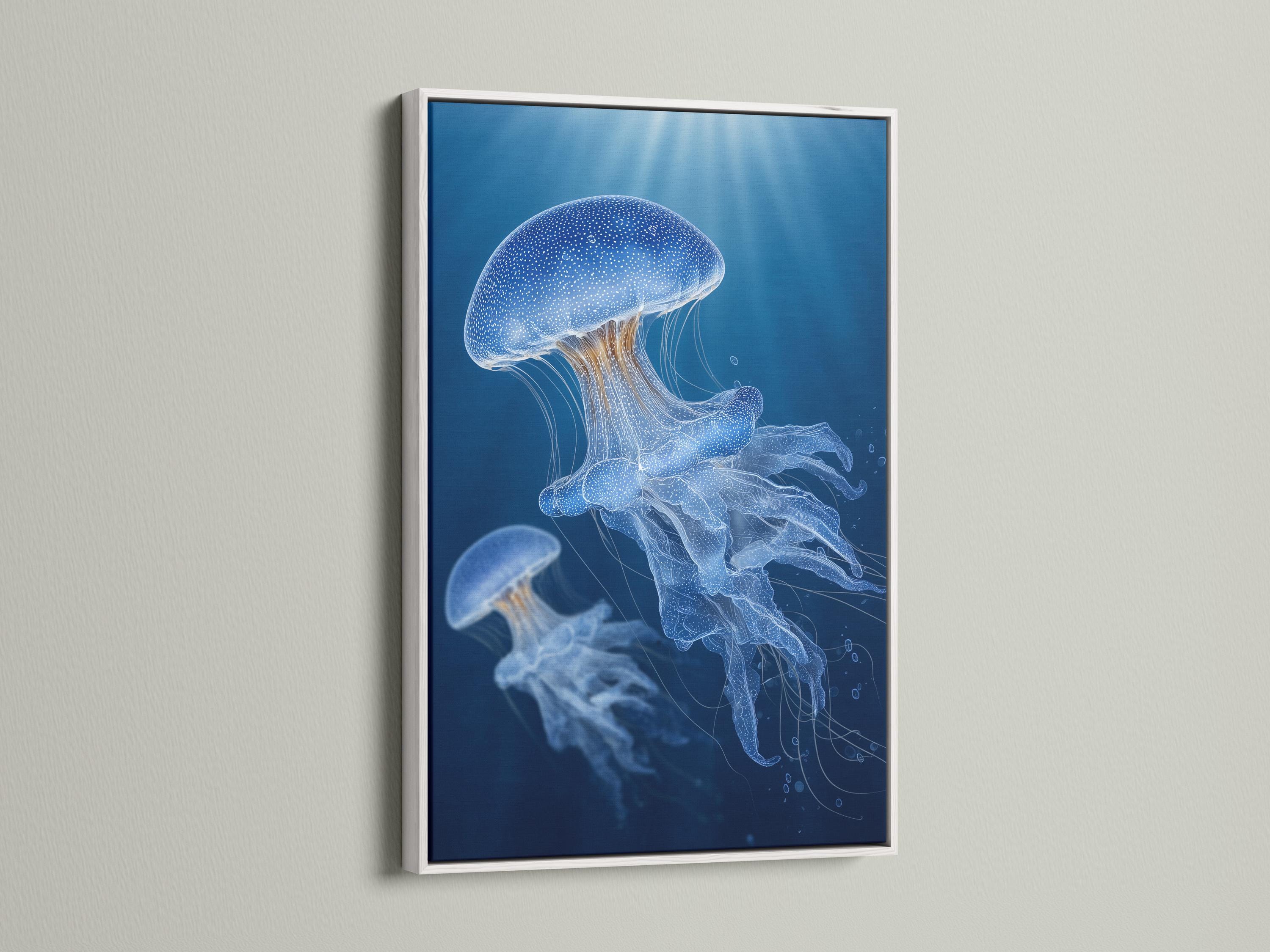 Wall mockup showing a blue jellyfish artwork in a framed display on a light wall
