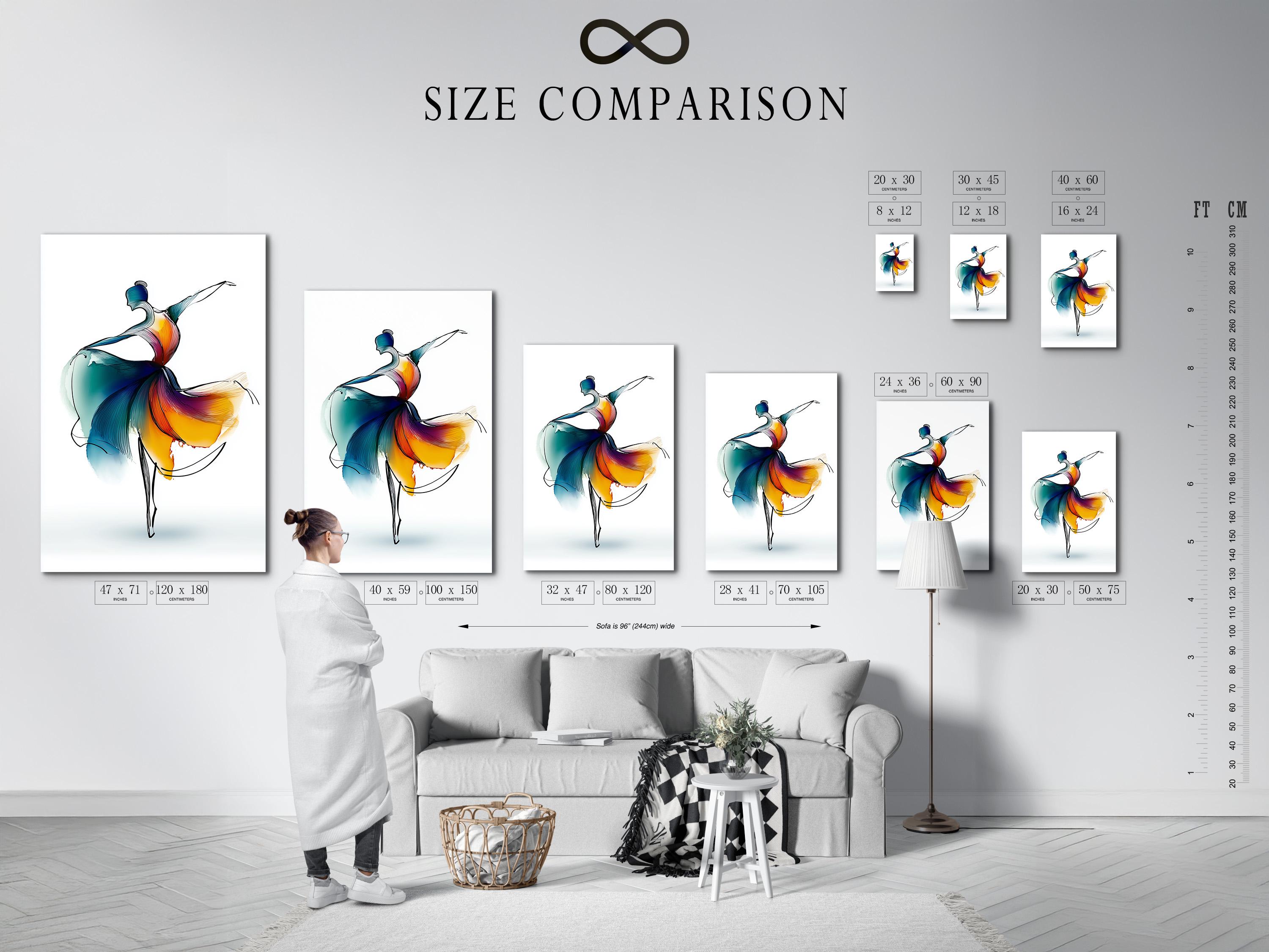 Stylised ballet dancer leaping with teal, blue, purple and orange-yellow colour washes on a white background detail view
