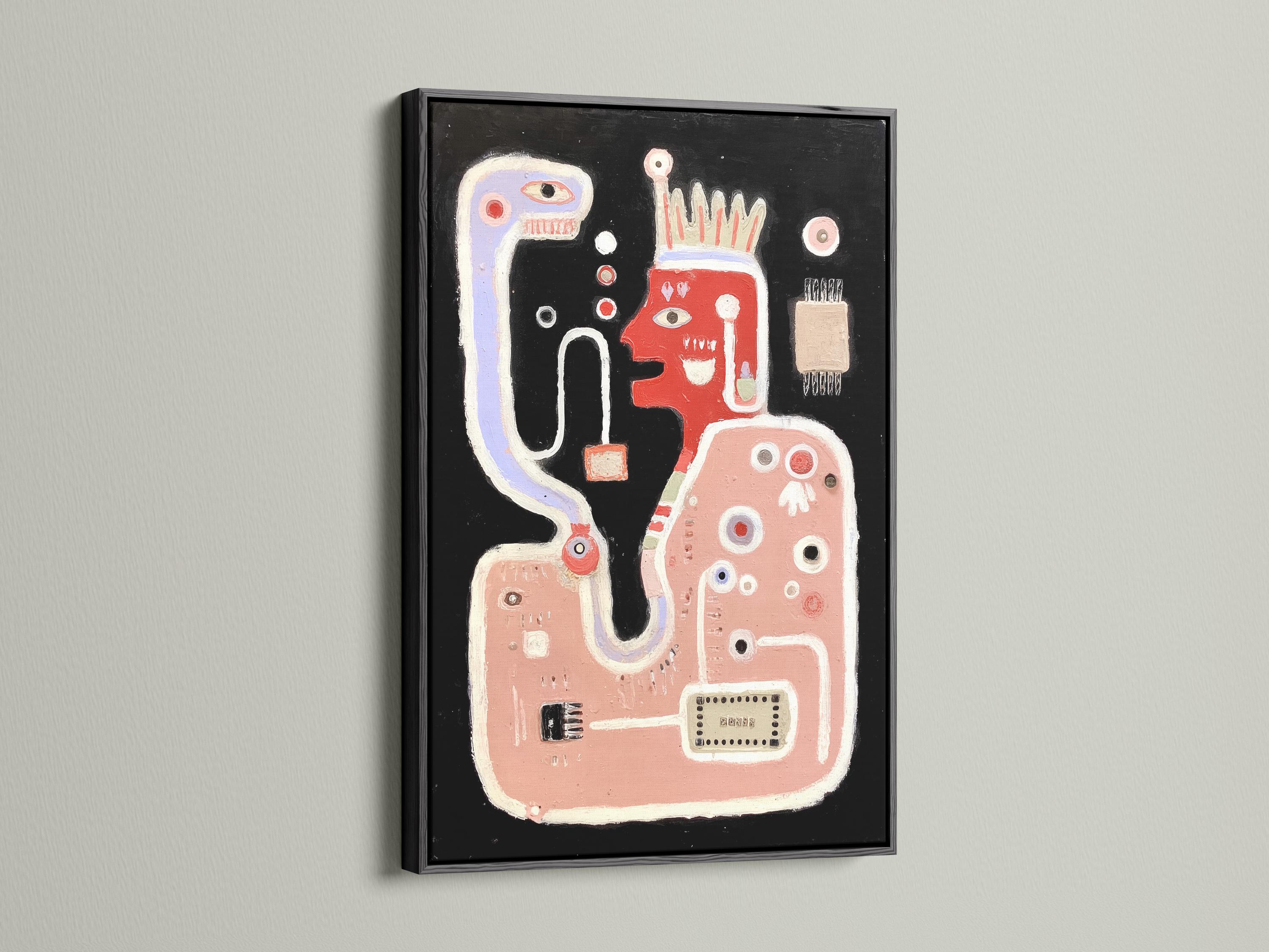 Room mockup showing an abstract odd face artwork with dusty pink, light blue and red details