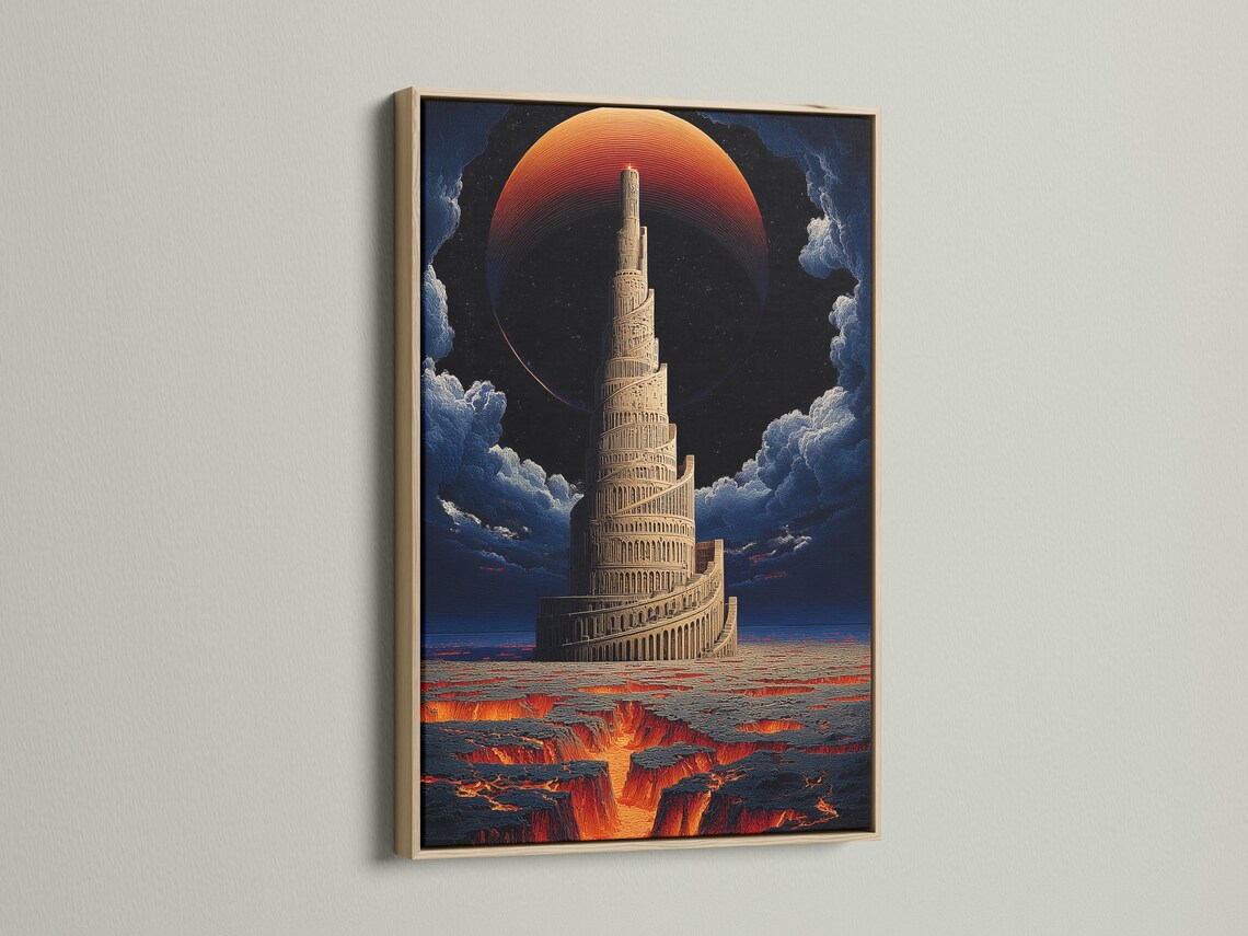Surreal tall tower artwork with a red-orange sun, clouds, and a lava-like landscape detail view
