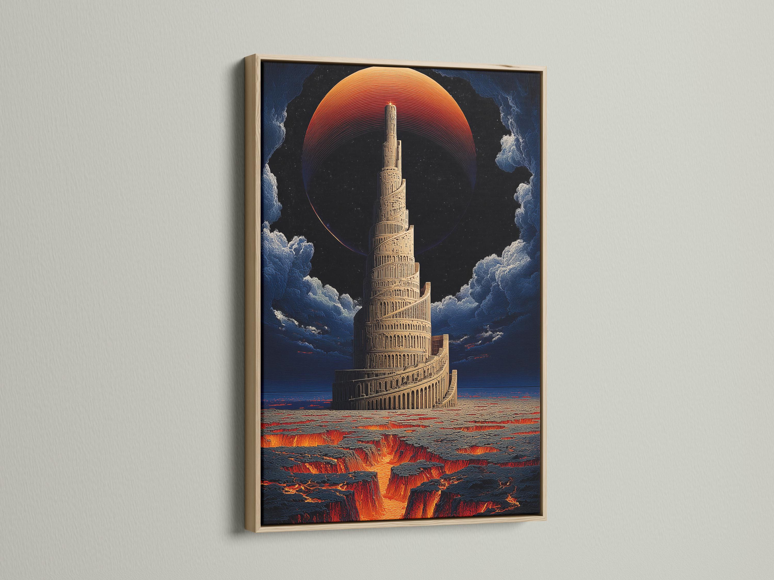 Surreal tall tower artwork with a red-orange sun, clouds, and a lava-like landscape detail view
