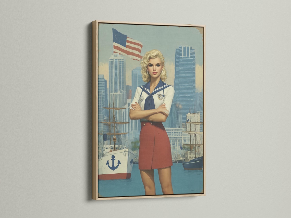 Stylised sailor-girl portrait with a waving American flag and harbour city background detail view