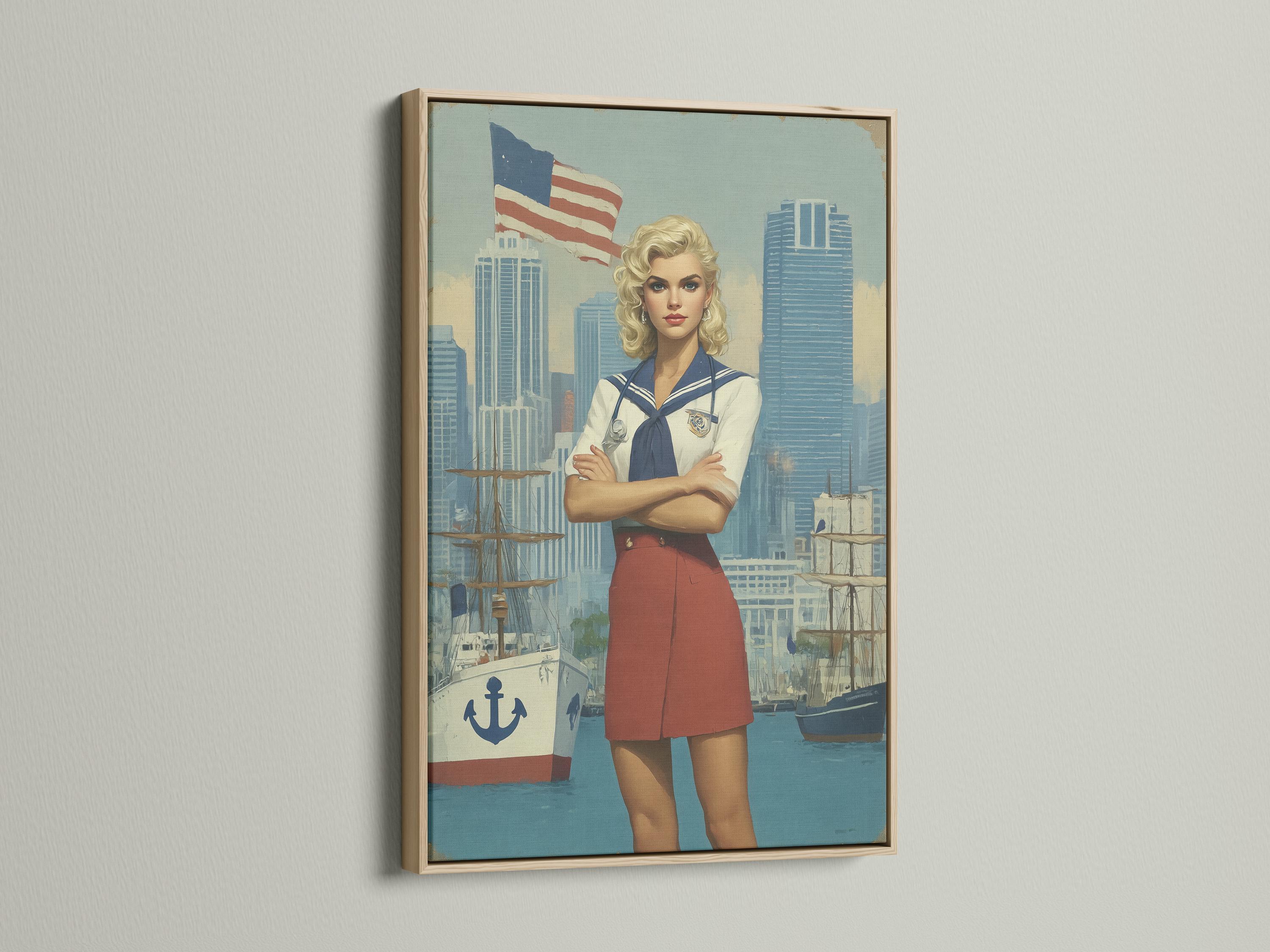 Stylised sailor-girl portrait with a waving American flag and harbour city background detail view