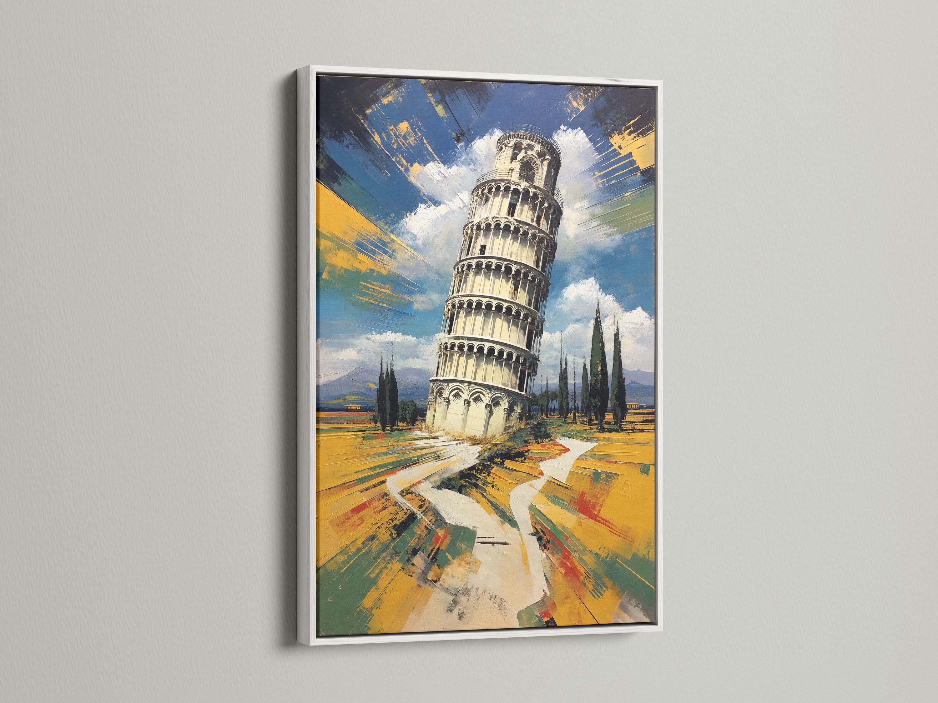 Man standing by a framed Leaning Tower of Pisa painting in an office-like room