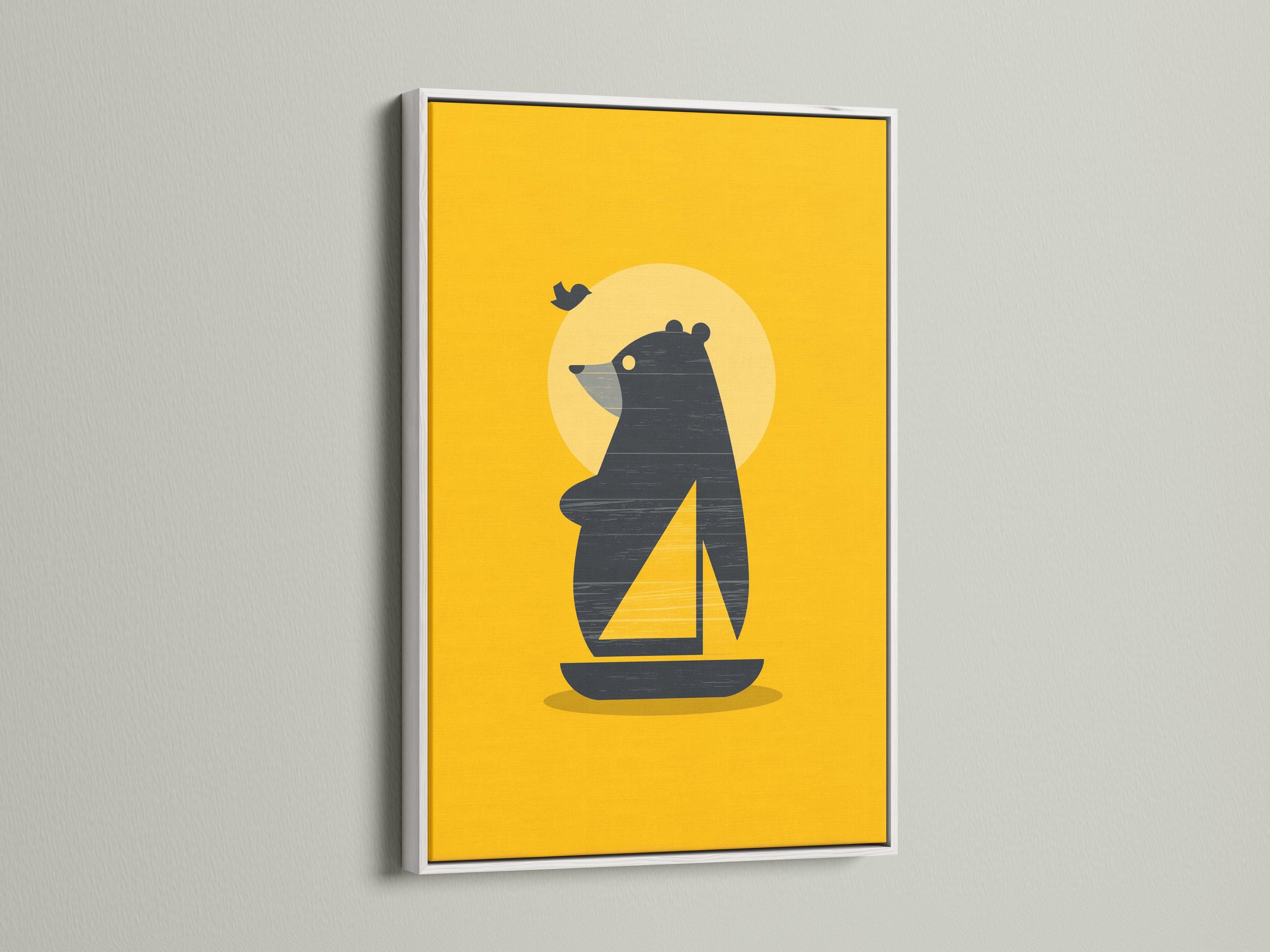 Room mockup showing a framed minimalist bear on a boat artwork on a yellow background