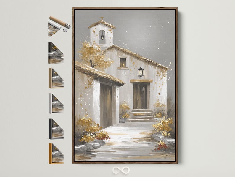 Stylised grey church exterior with a golden star ornament and shimmering gold and white flecks