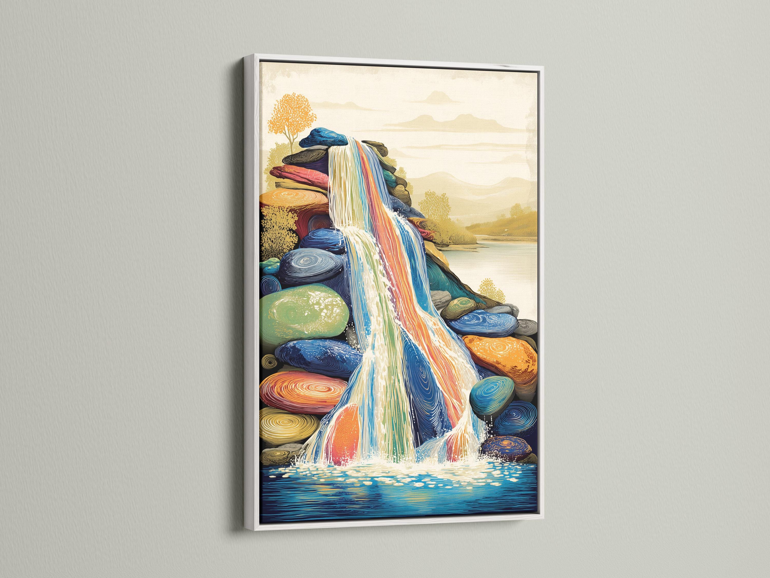 Room mockup showing a framed waterfall artwork with blue and gold colours