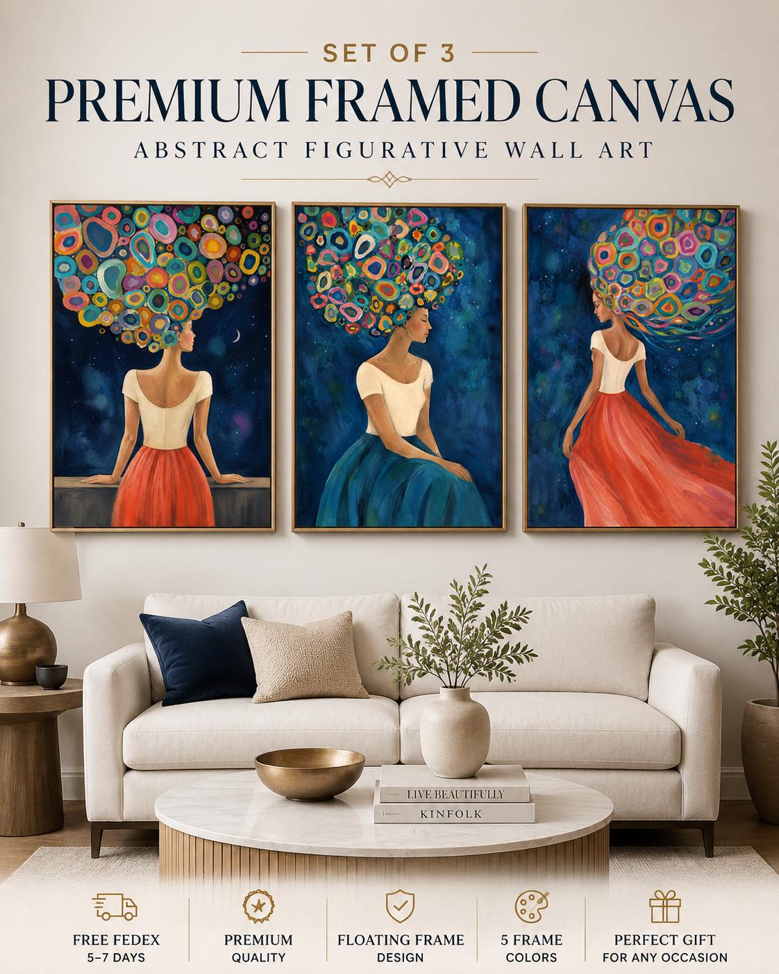 Three framed abstract female portrait artworks displayed on a wall