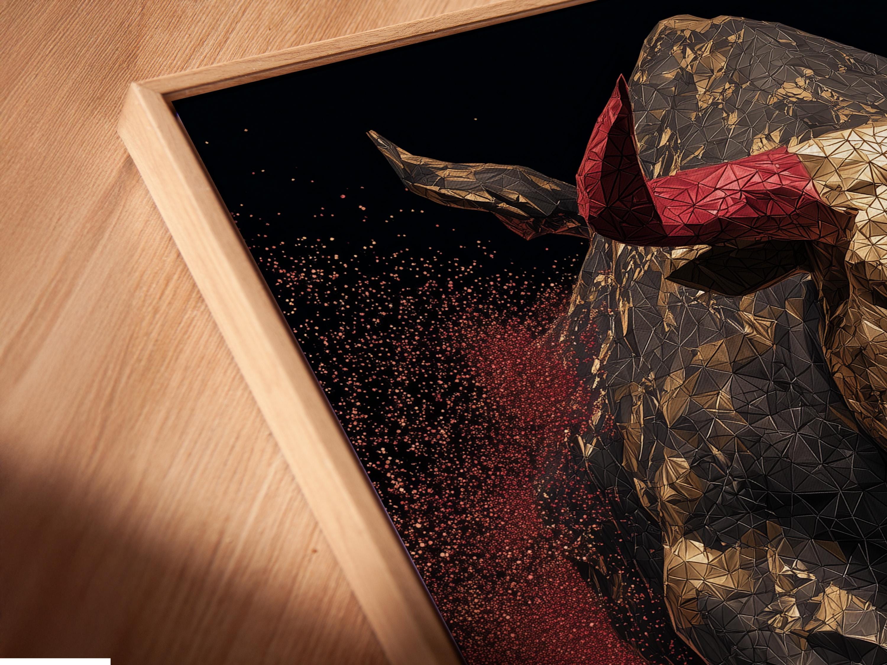 Geometric bull artwork with metallic gold facets and deep red speckles on a dark background detail view