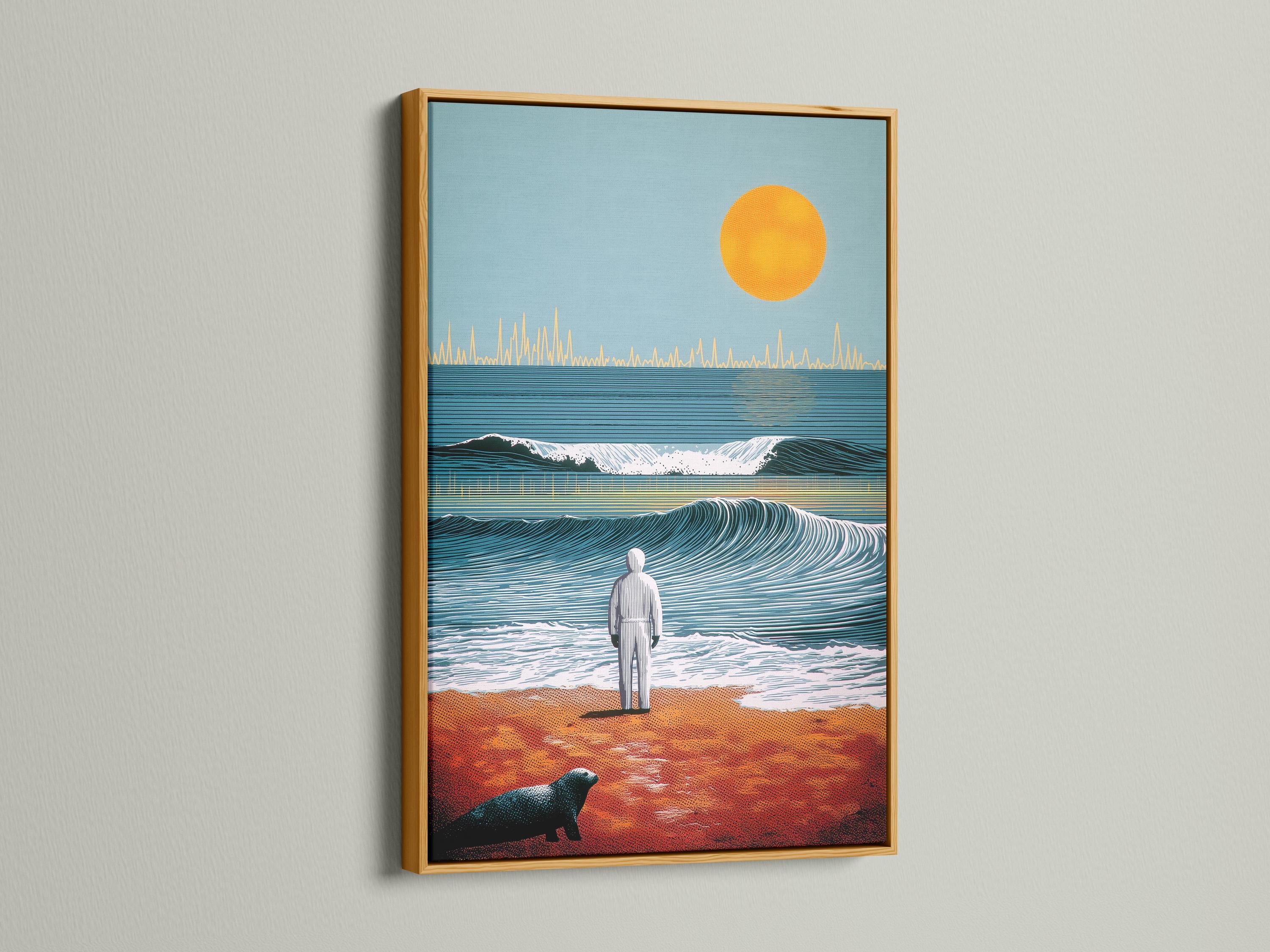 Stylised seascape with teal ocean waves, an orange sun, a beach figure, and a dark animal silhouette detail view