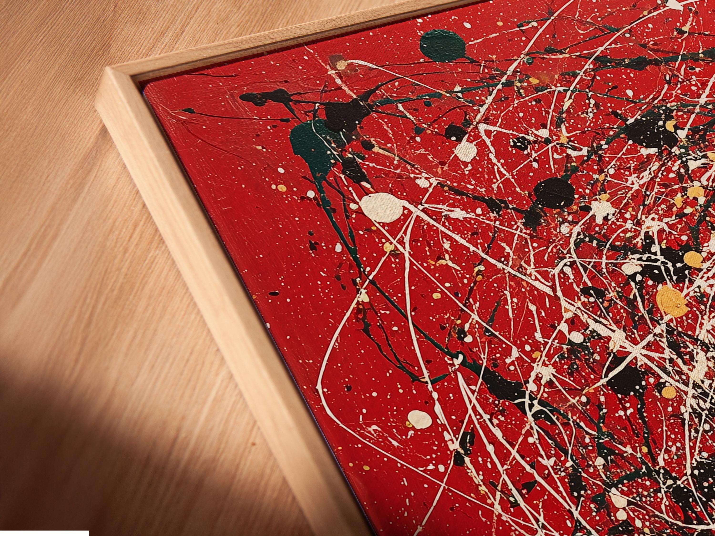 Red abstract artwork with white splatter lines, black and green shapes, and gold dots detail view