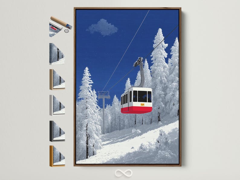 Snowy mountain cable car scene with diagonal cables, deep blue sky, pine trees and a red gondola