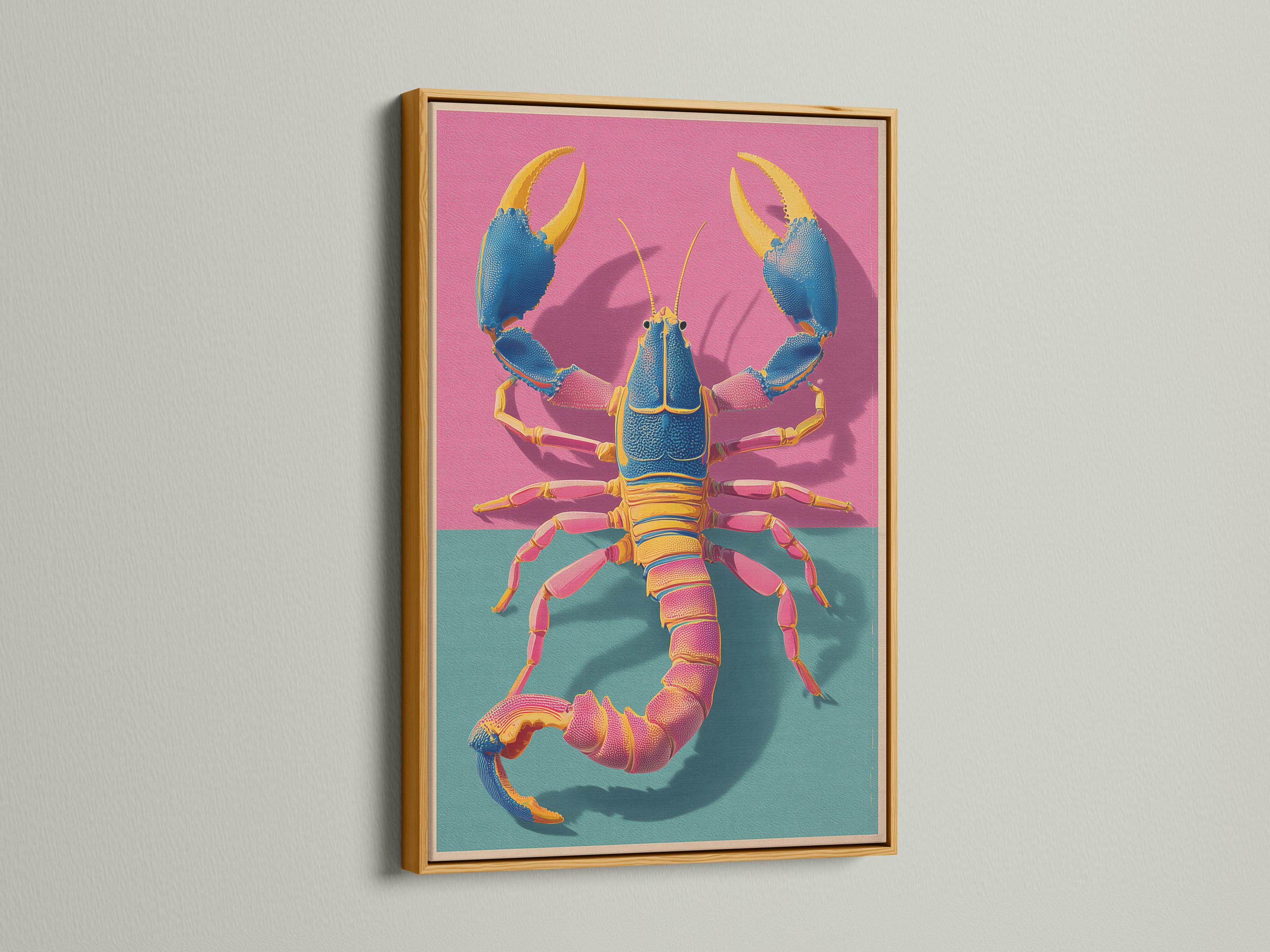 Stylised blue lobster with gold claws on a hot pink and teal sea background detail view