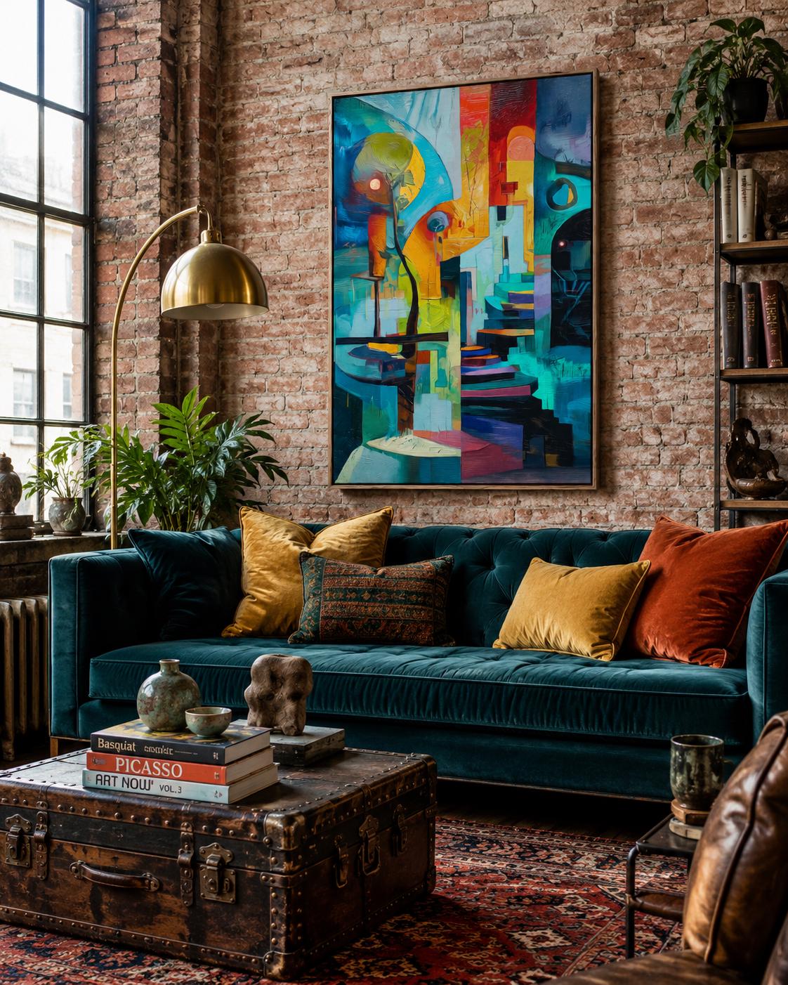 Person in yellow holding a cup standing beside a framed abstract geometric artwork