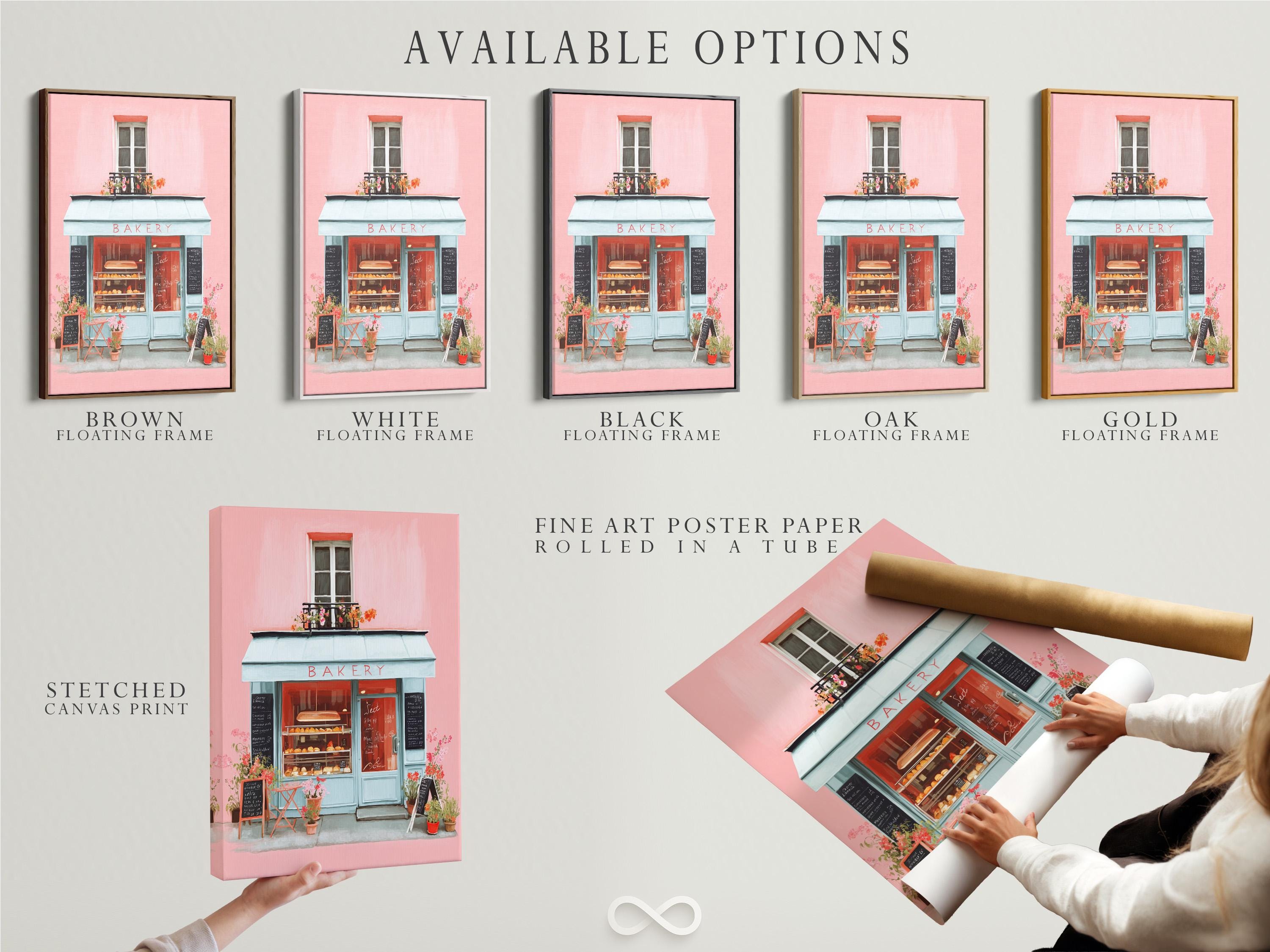 Room mockup showing a framed pastel bakery shopfront illustration