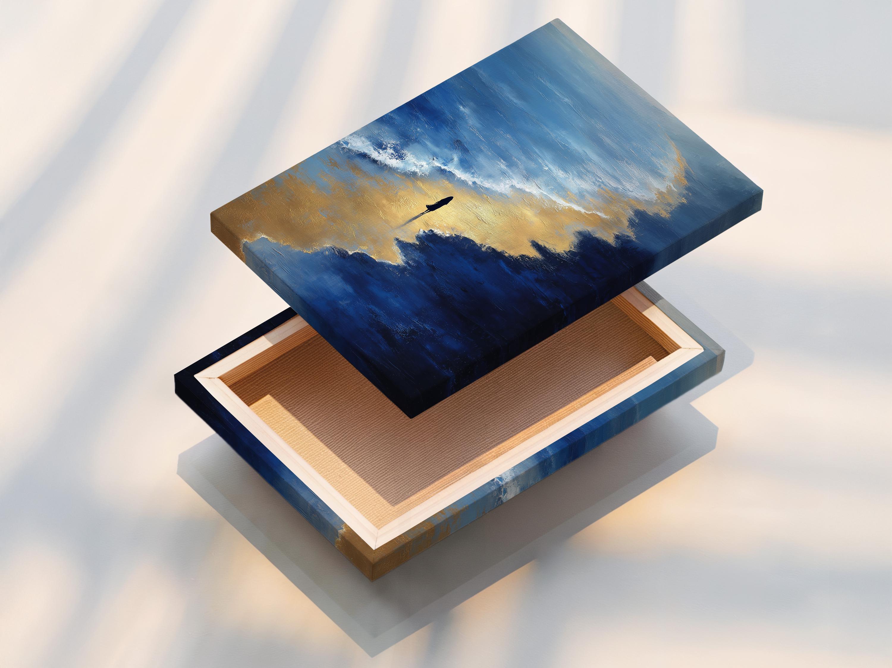 Painterly navy blue and gold seascape with ocean waves, beach light and a small silhouette detail view