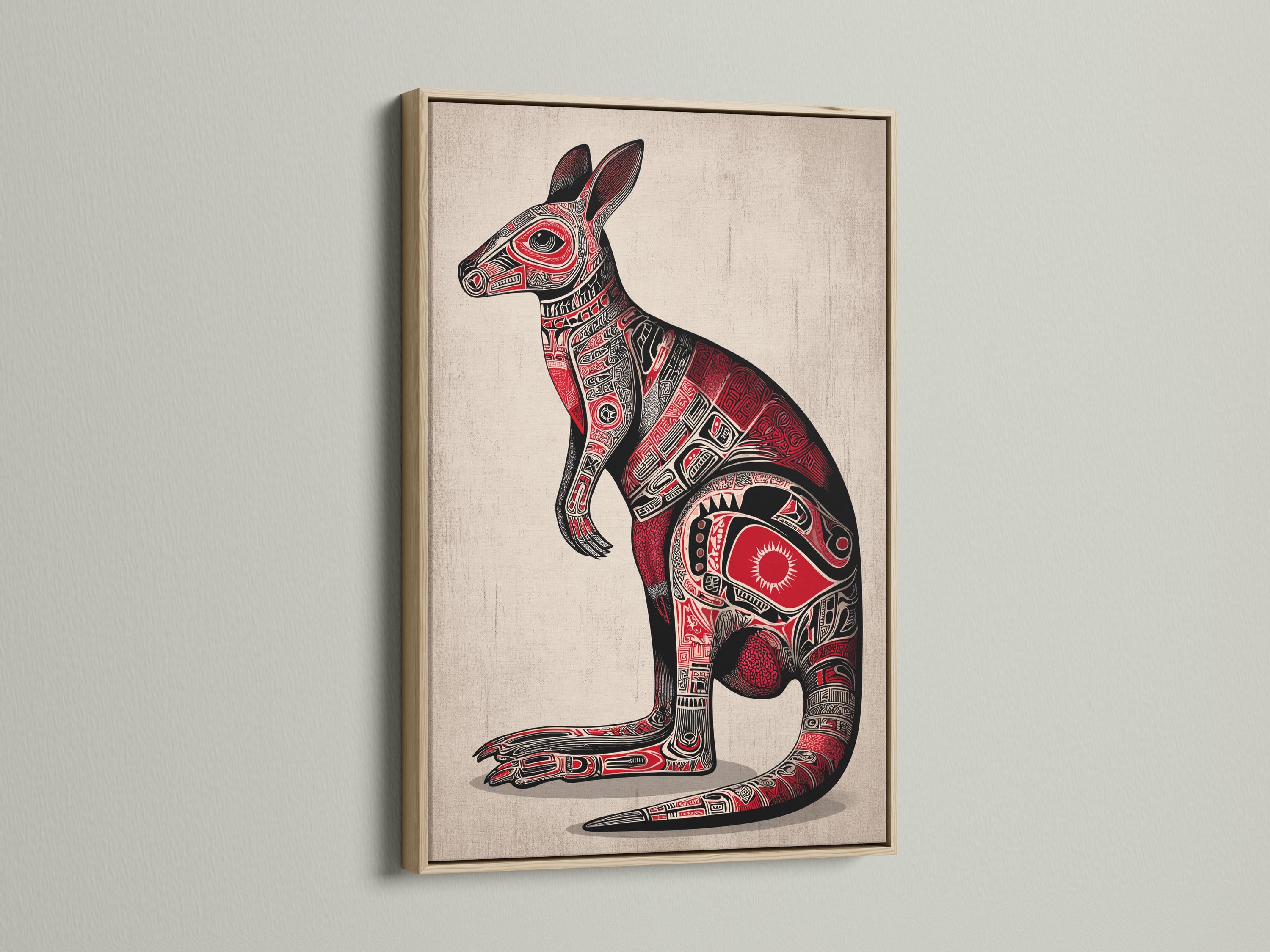 Stylised kangaroo illustration in black and red with detailed tribal patterns detail view