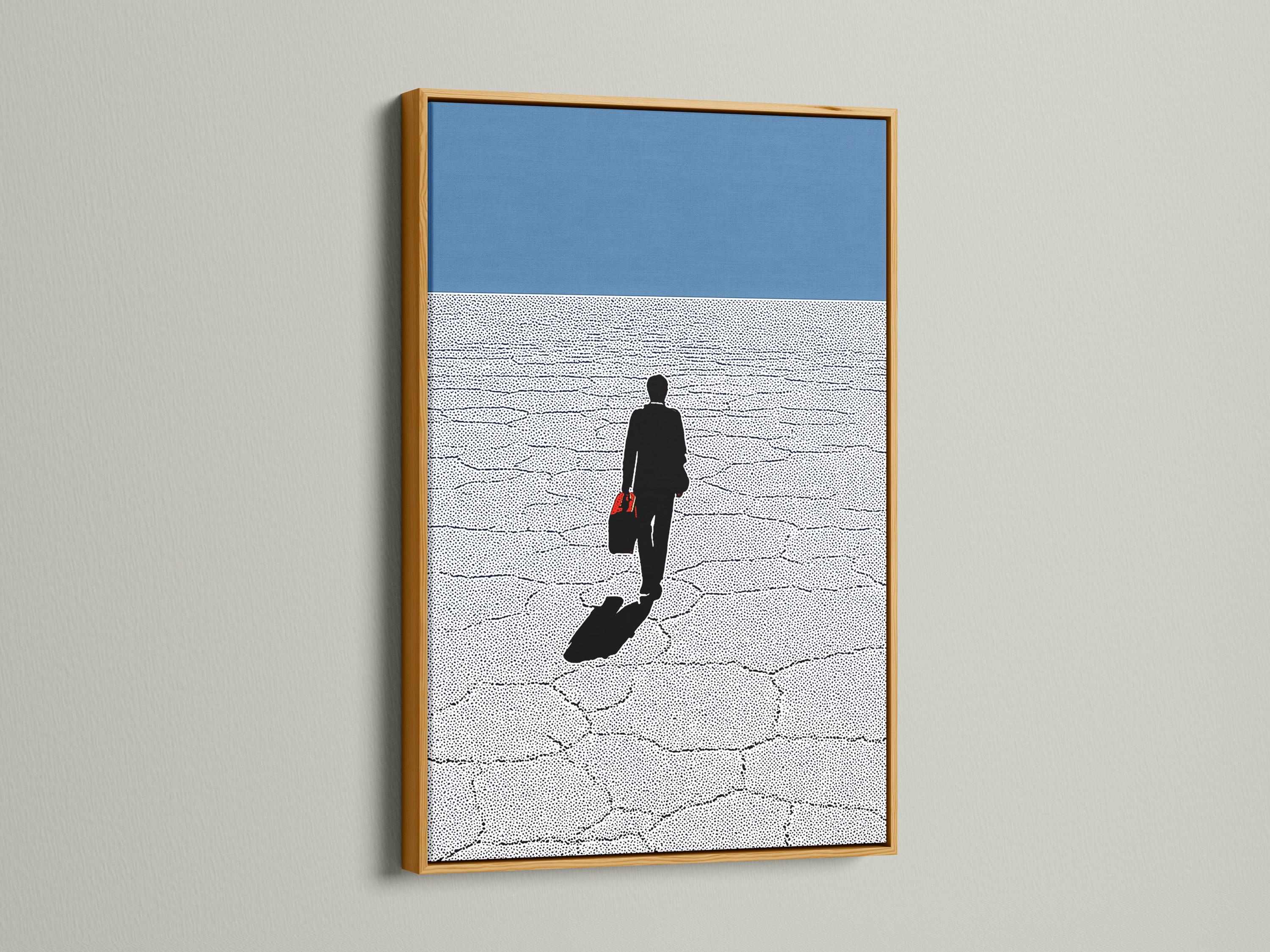 Man silhouette in a suit walking across a blue and white dotted background with a red bag accent detail view