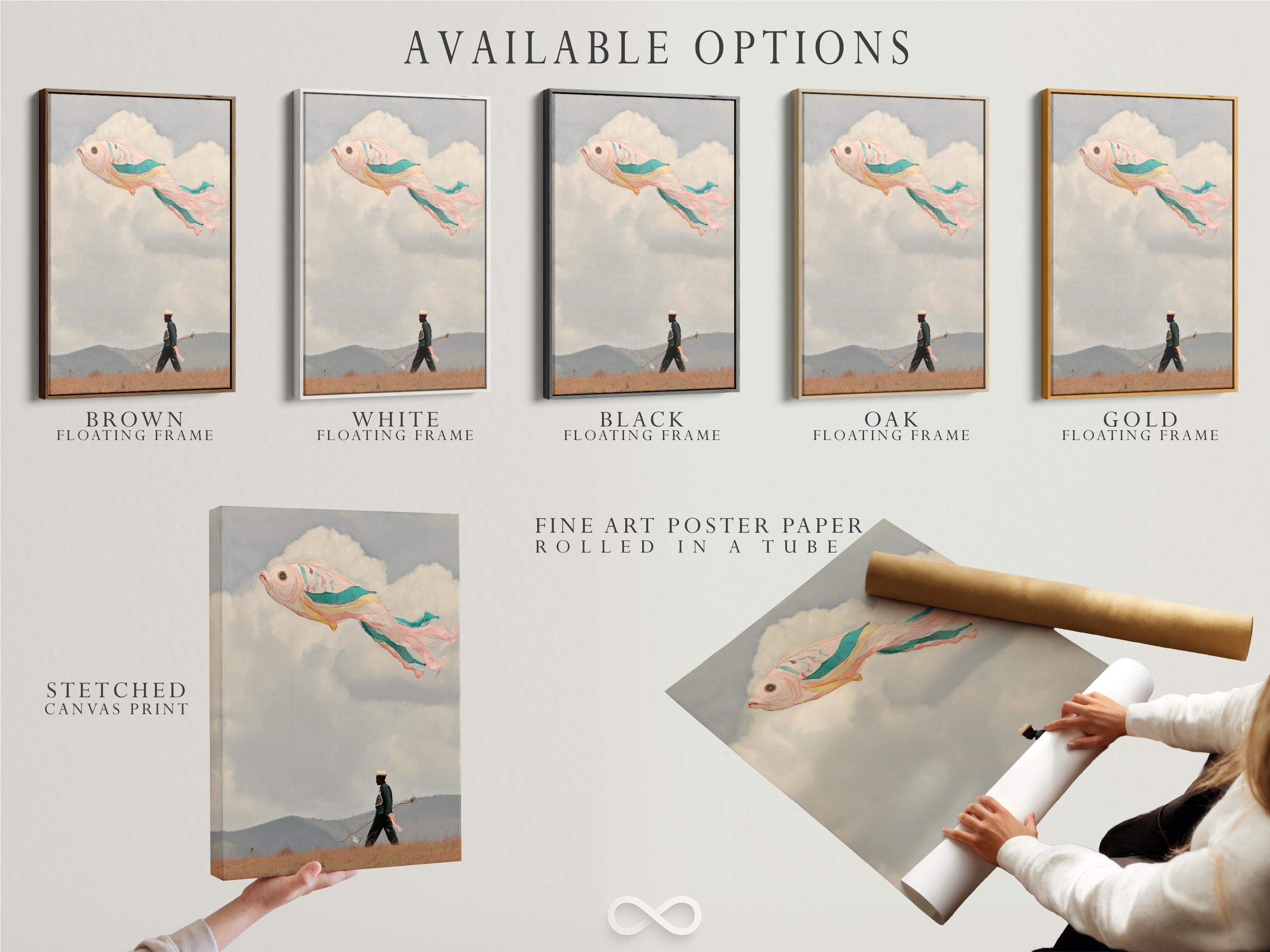 Mockup of a framed artwork showing a surreal flying fish in the sky