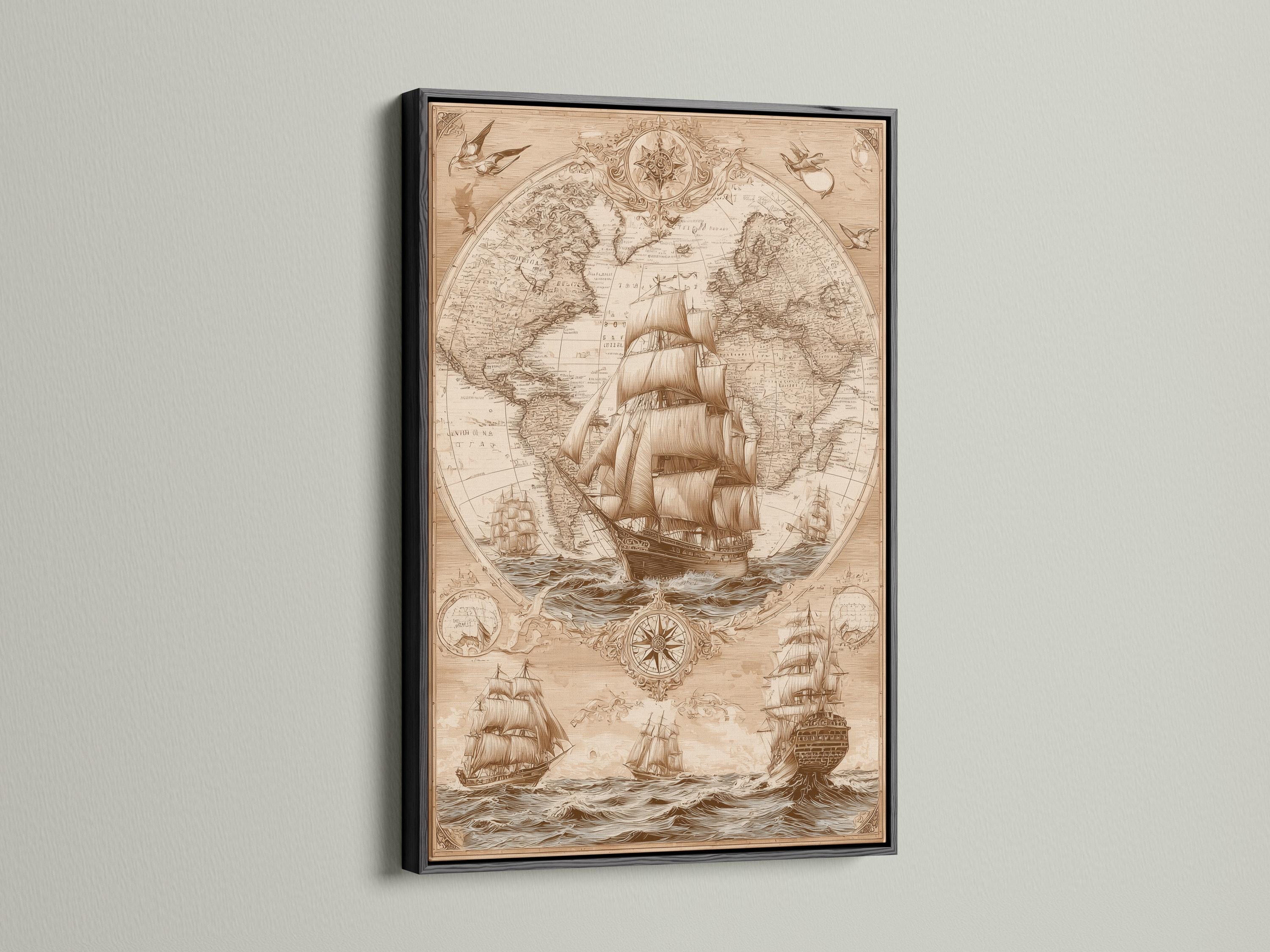 Vintage sepia world map with compass rose and sailing ships over decorative waves detail view