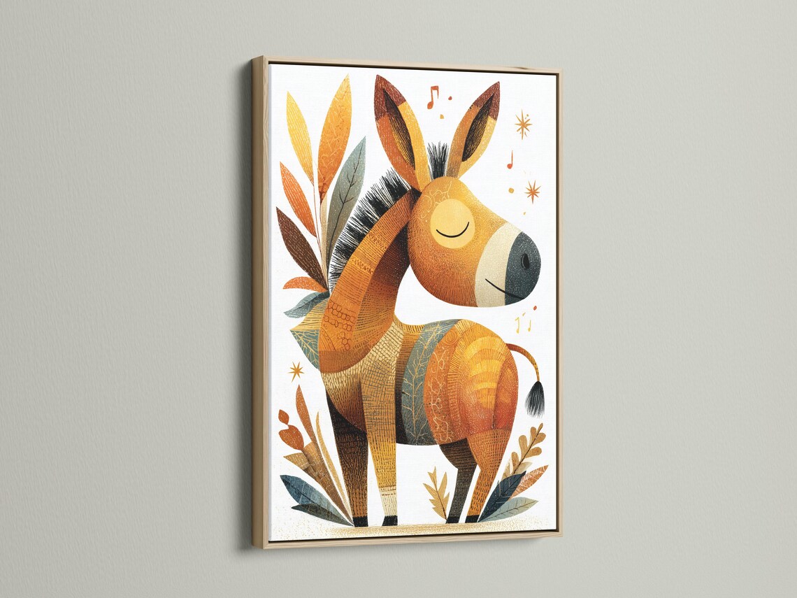 Boho donkey illustration with warm beige and brown tones, leafy accents, sparkles and music notes on a light background detail view