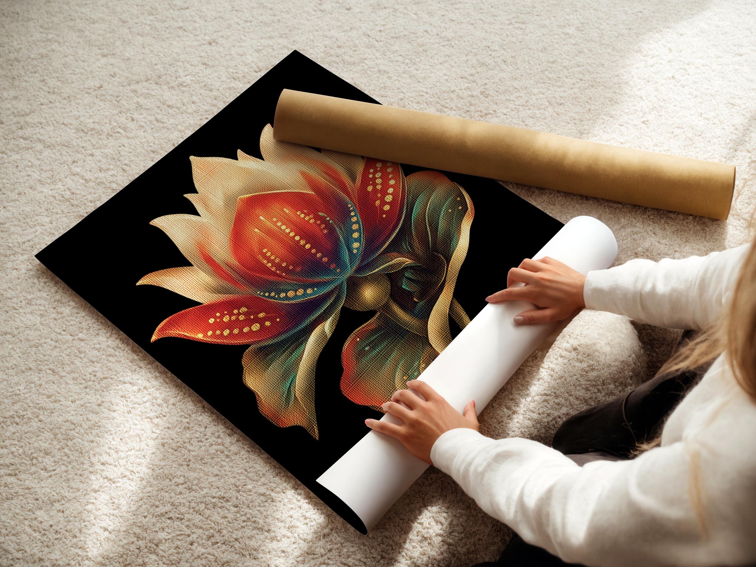 Person in a beige outfit standing beside a plant, with a lotus flower framed artwork above a wooden bench