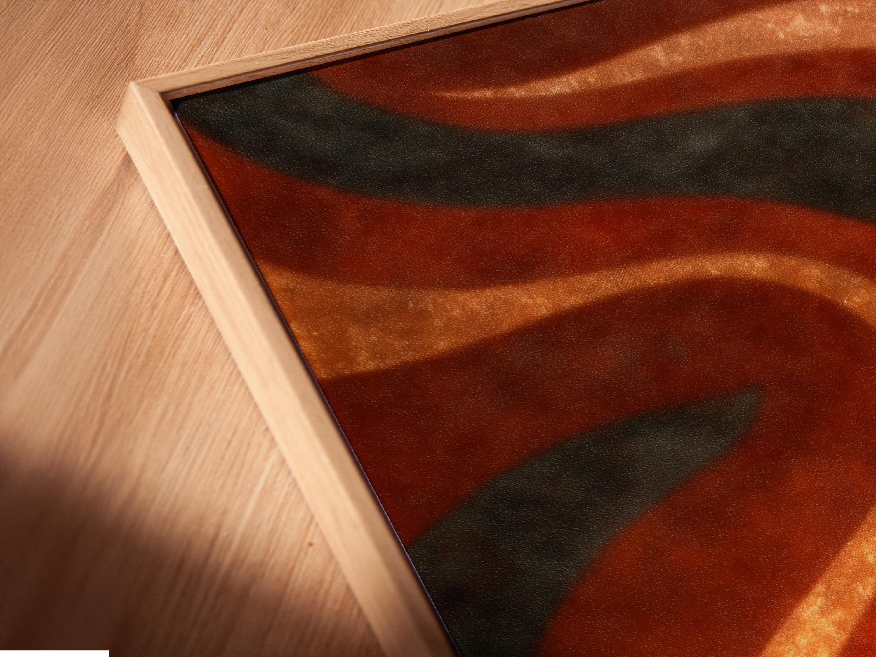 Abstract wave pattern with rust orange and amber gold curves and dark charcoal lines detail view