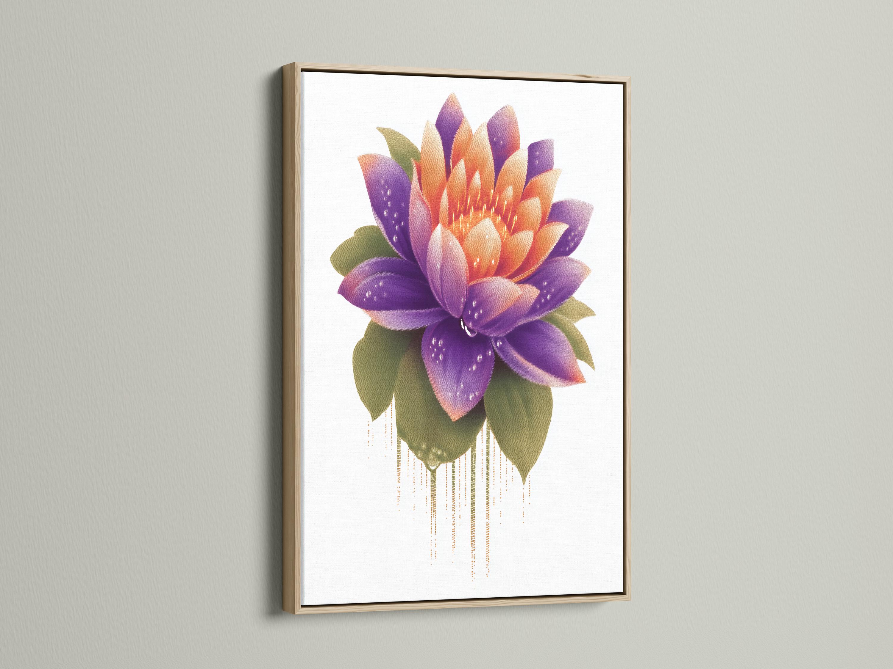 Lotus flower artwork with purple and orange petals and green leaves on a white background detail view