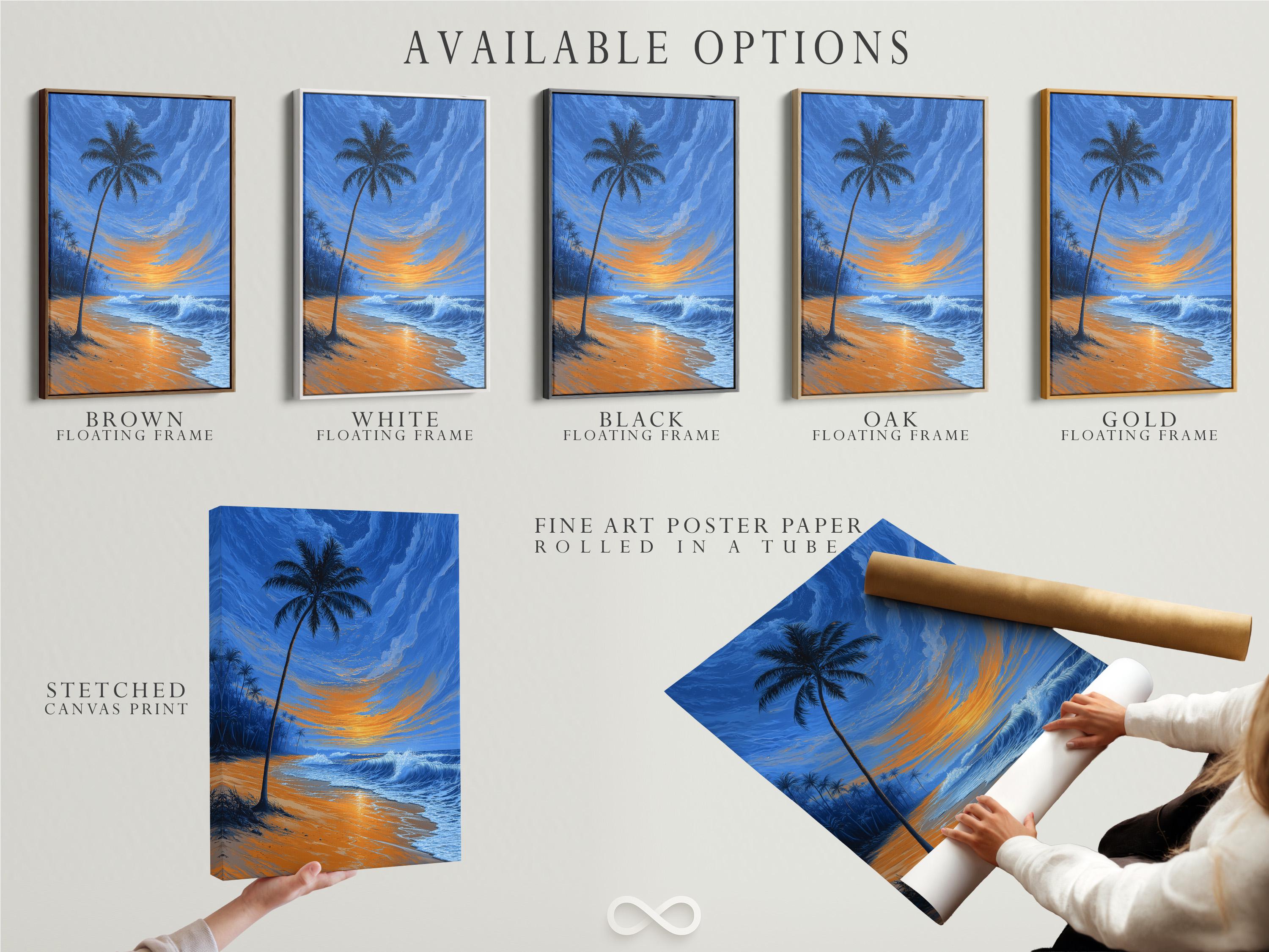 Palm tree tropical beach scene with ocean waves and a glowing sunset sky detail view