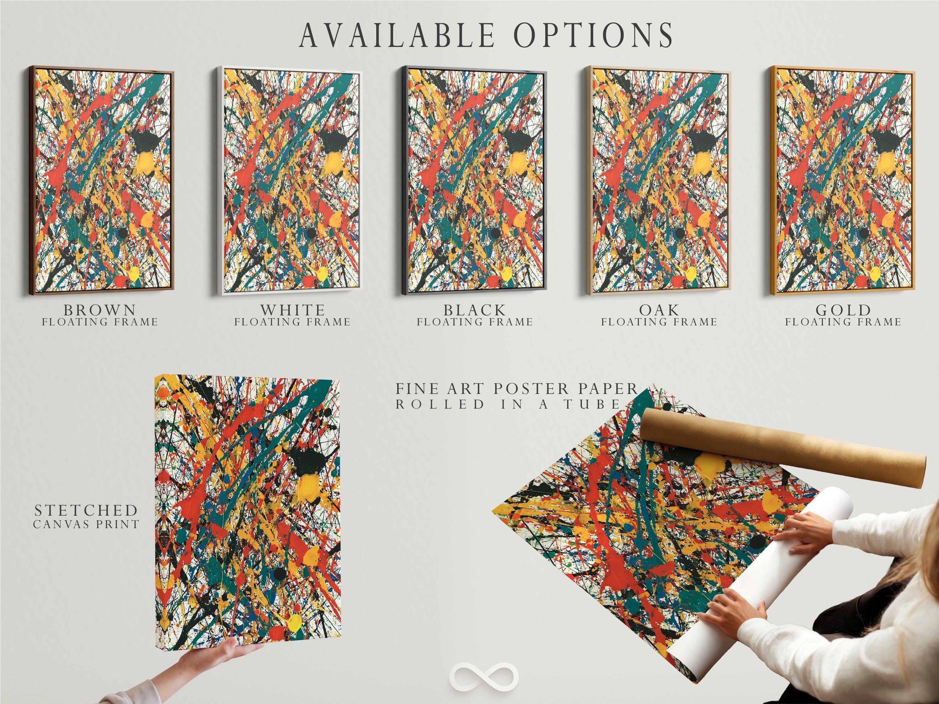 Room mockup showing an abstract expressionist artwork with red, teal, yellow and black splatters
