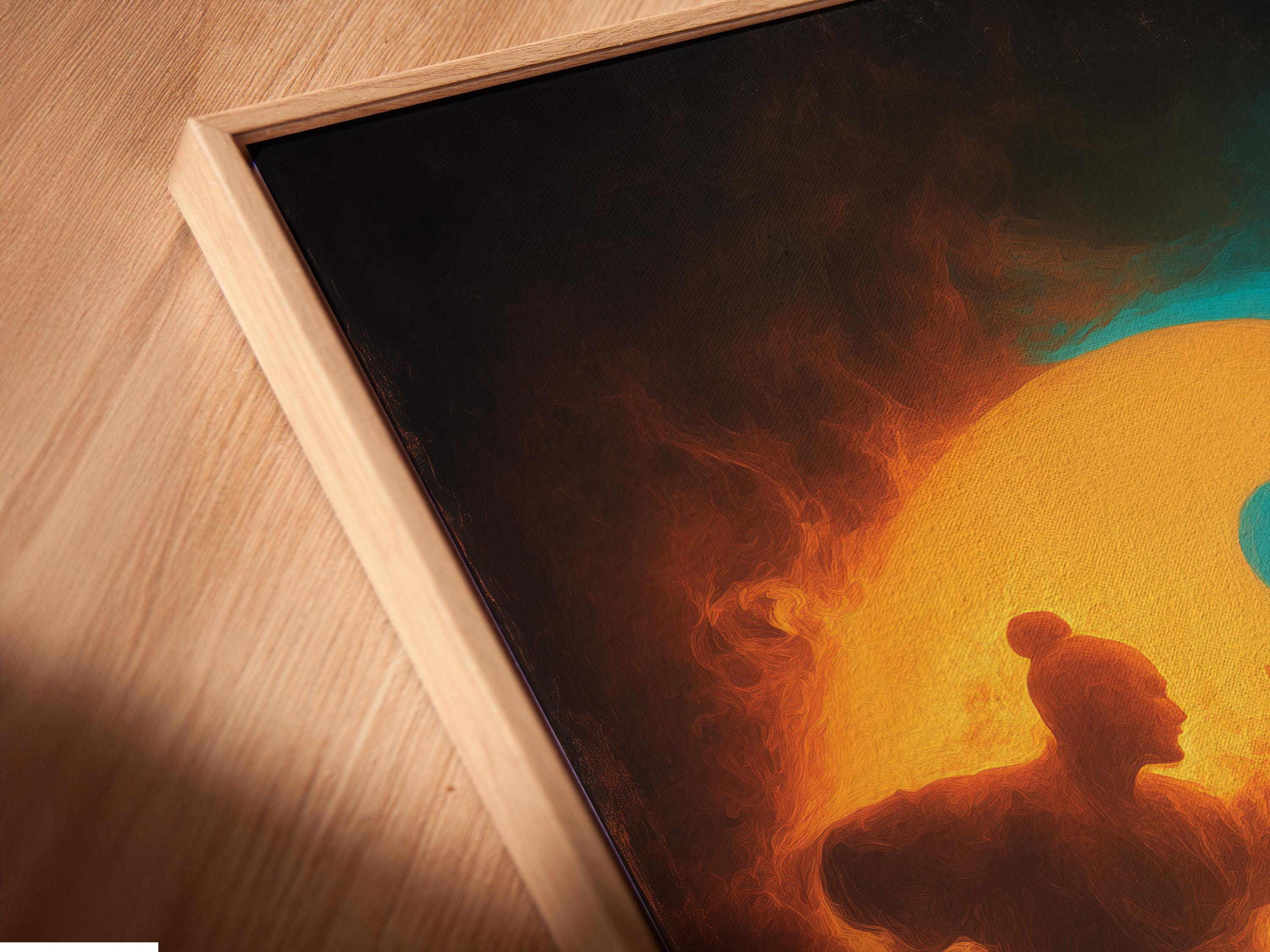 A dark painterly martial-arts figure stands in silhouette within a glowing yin-yang inspired split of orange and teal mist detail view