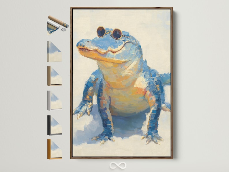 A stylised blue alligator figure wearing round sunglasses on a pale background