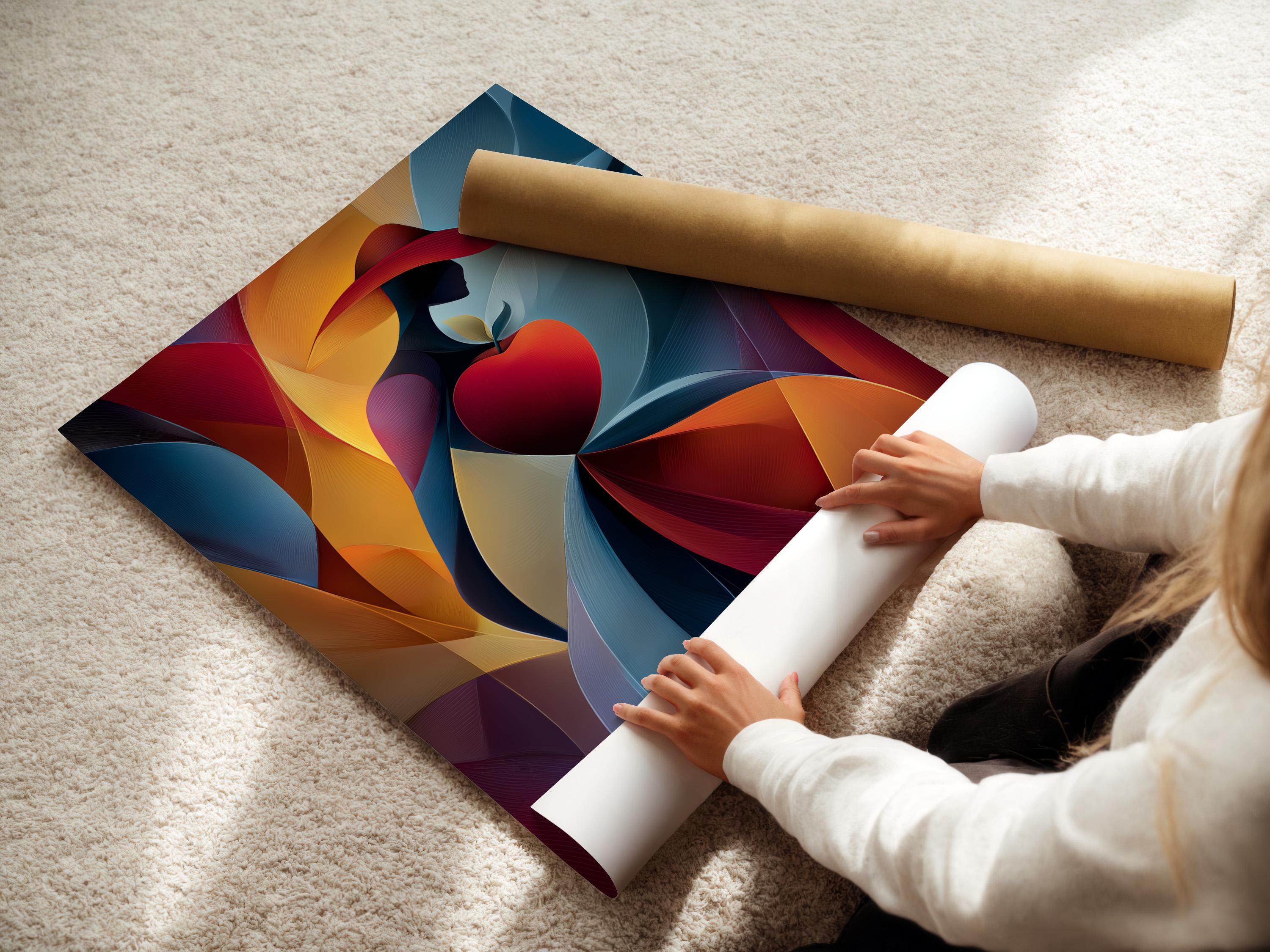 Abstract woman silhouette with a red heart, ribbon-like curves, and blue, red, gold colours detail view