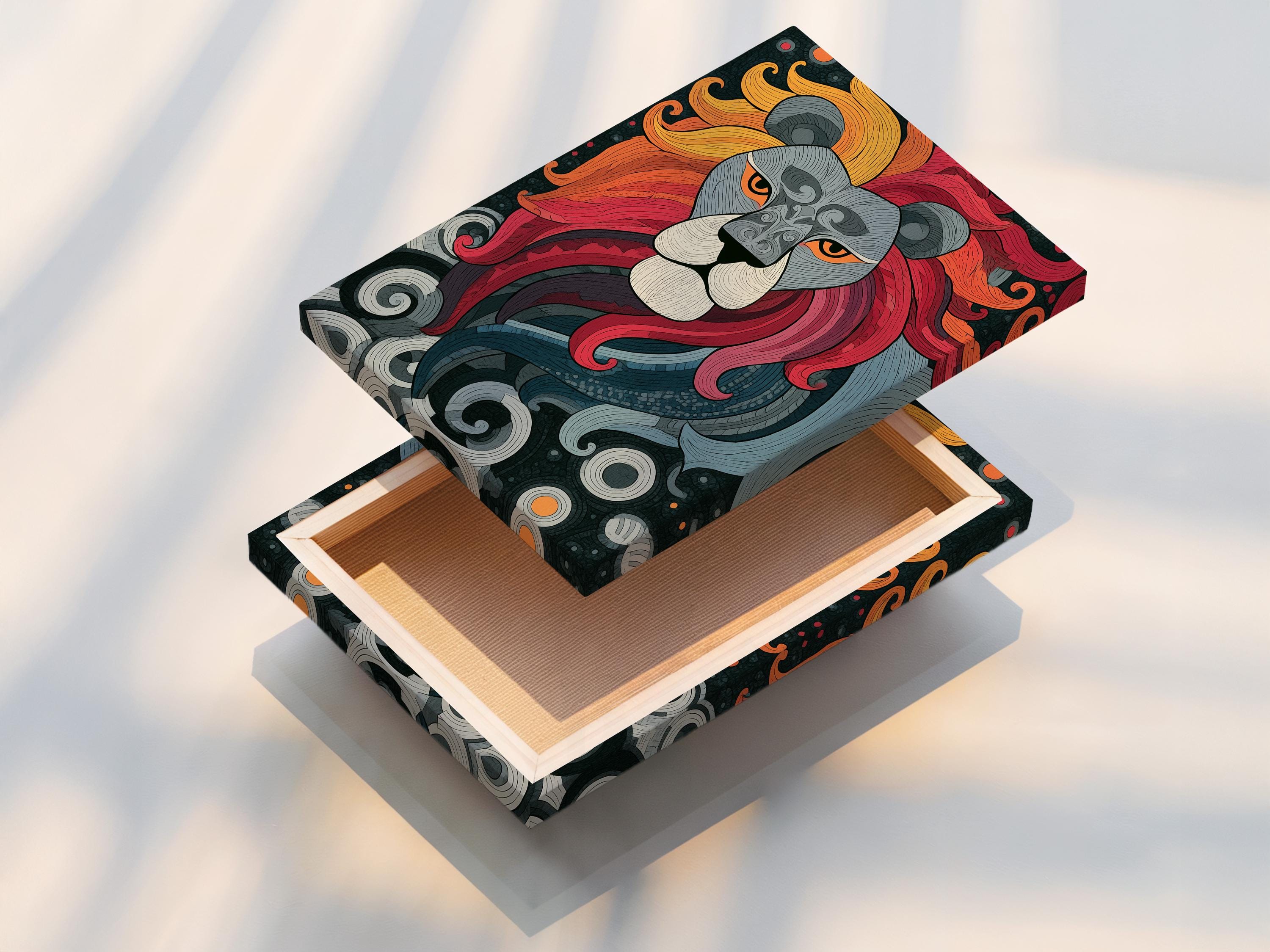 Lion portrait artwork shown in a framed mockup display