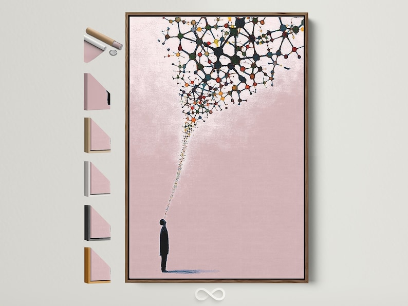 Blush pink abstract artwork with a black silhouette figure and branching network of coloured nodes