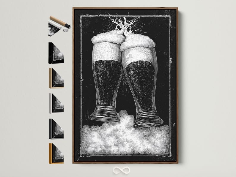 Monochrome illustration of two clinking beer glasses with foamy heads on a dark speckled background