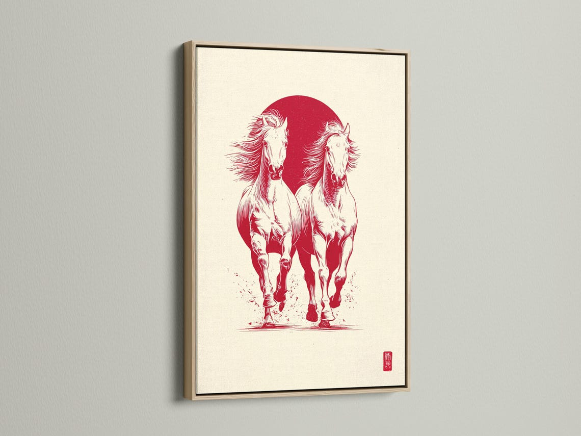 Wall mockup showing a framed artwork with two rearing horses in white against a red circle